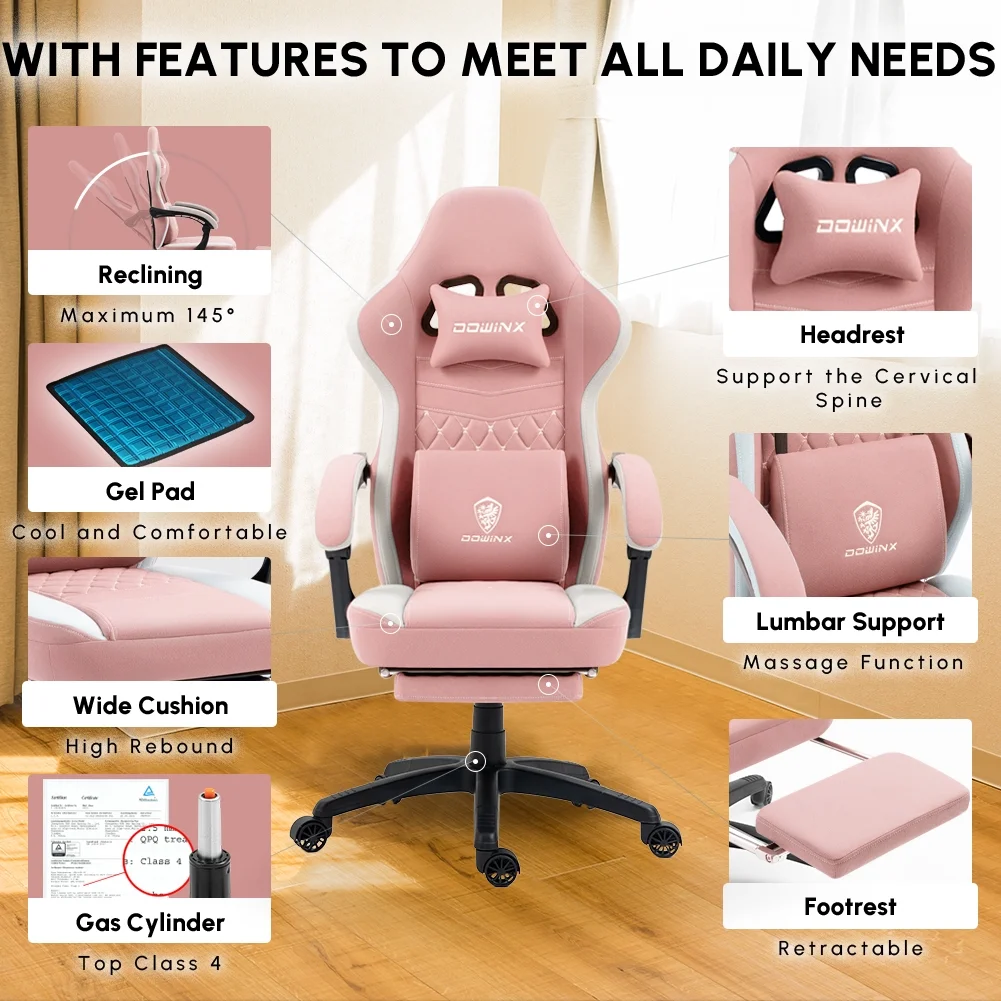 Dowinx Gaming Chair with Pocket Spring Cushion, Breathable Fabric Computer Chair with Gel Pad, Comfortable Office Chair with Storage Bag, Massage Game Chair with Footrest, Green - Image 38