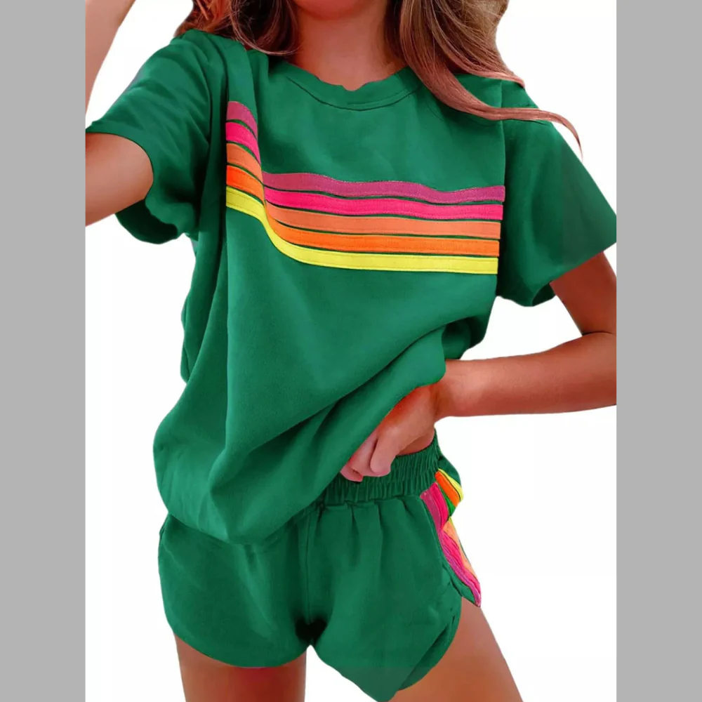 Rainbow Striped Round Neck Top and Shorts Set - ZKZOOK