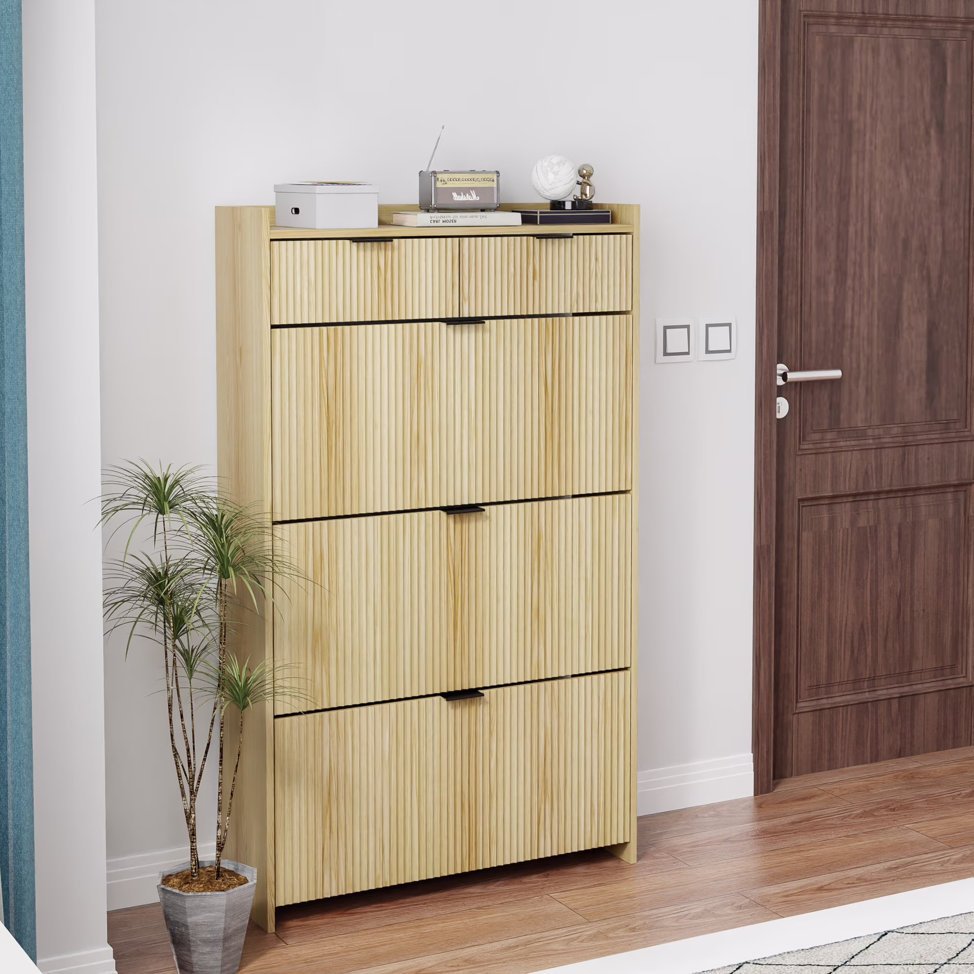 Shoe Cabinet, Free Standing Tipping Bucket Shoe Rack Organizer with 3 Flip Drawers, Modern Entryway Narrow Shoe Rack with 2 Drawers & Top Storage, for Hallway Bedroom, Walnut - Image 5