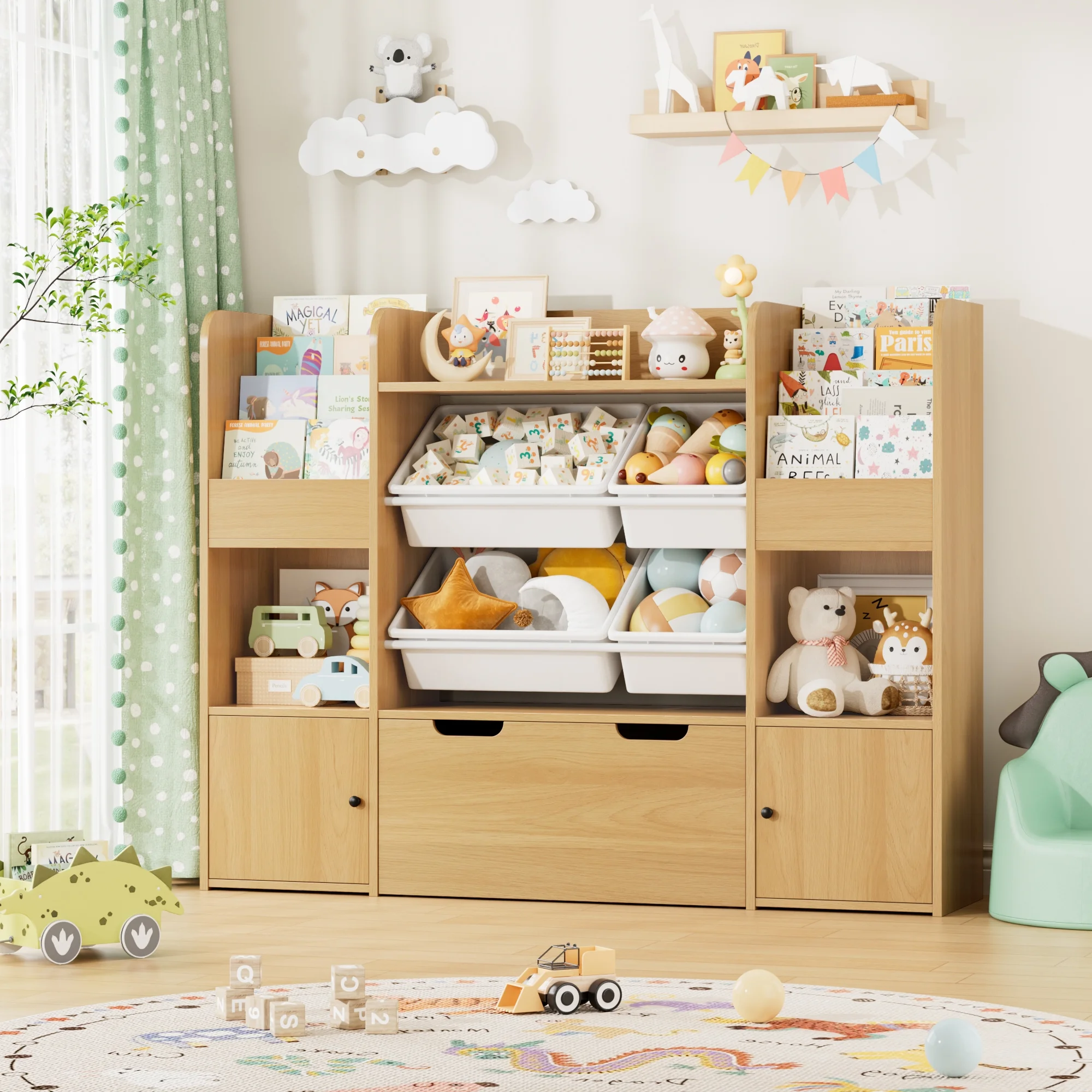 Hiphuta Kids Bookcase Toy Storage Organizer, Wooden Toy Organizer of 4 Bins& 2 Removable Drawers for Home Bedroom, Kids Bookshelf Toy Box with Book Rack, White - Image 14