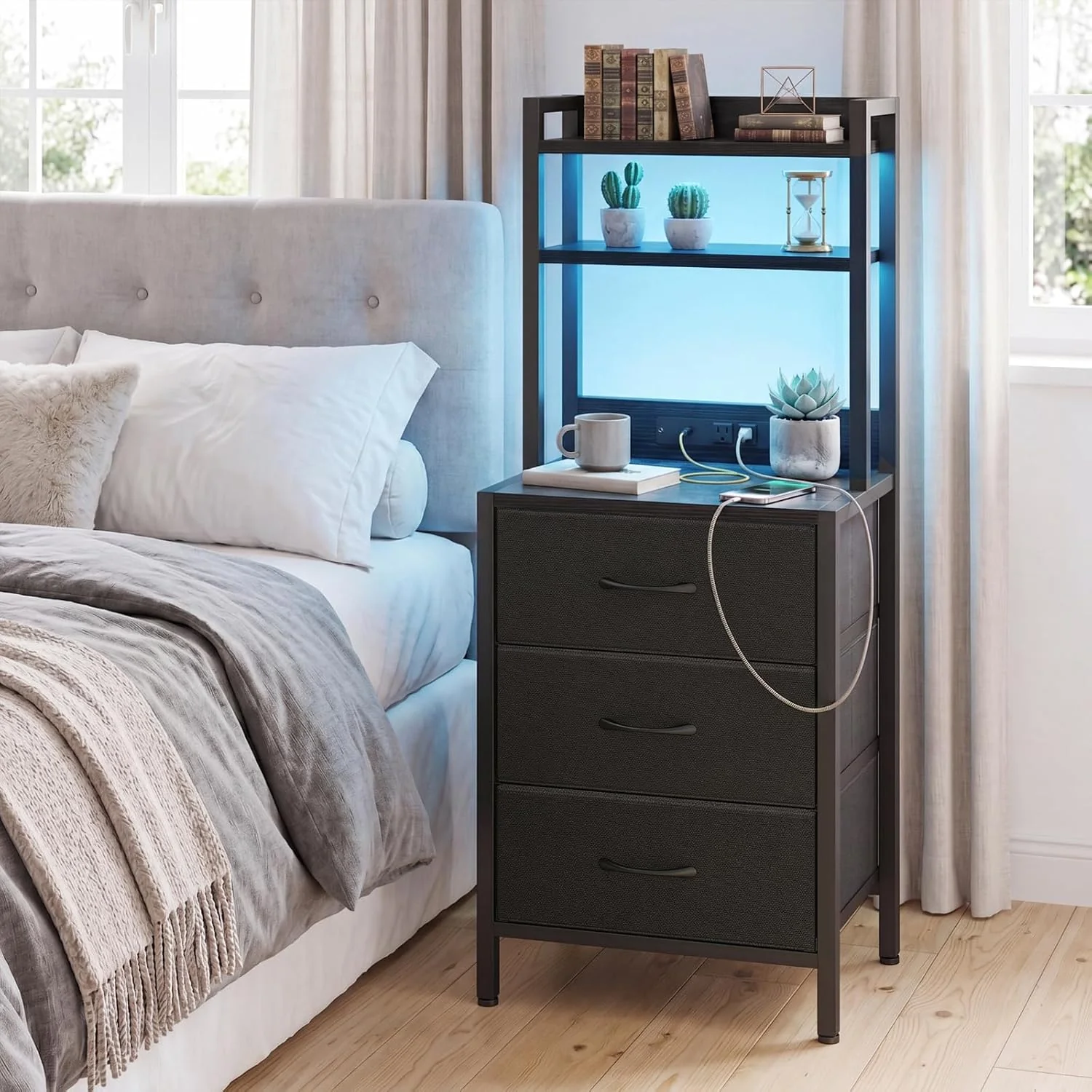 41 Inch Tall Nightstand with Charging Station, 3 Fabric Drawers, LED Lights & Open Shelves, Black - Image 8 41 Inch Tall Nightstand with Charging Station, 3 Fabric Drawers, LED Lights & Open Shelves, Black - Image 8