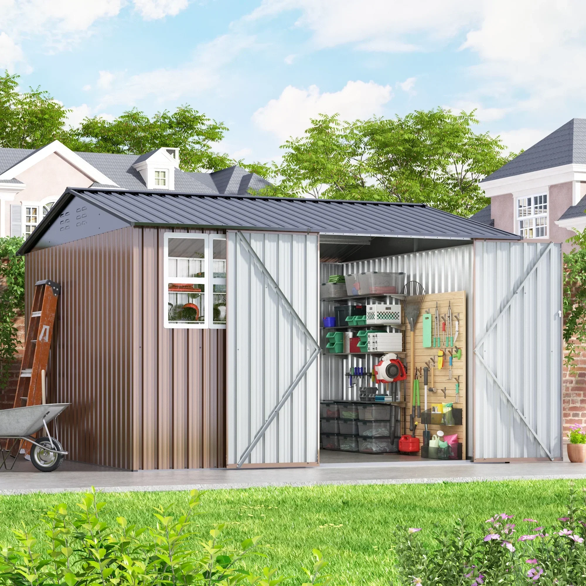 JAXPETY 10 x 10 ft Outdoor Metal Storage Shed With Window And Lockable Door - Brown - Image 10 JAXPETY 10 x 10 ft Outdoor Metal Storage Shed With Window And Lockable Door - Brown - Image 10