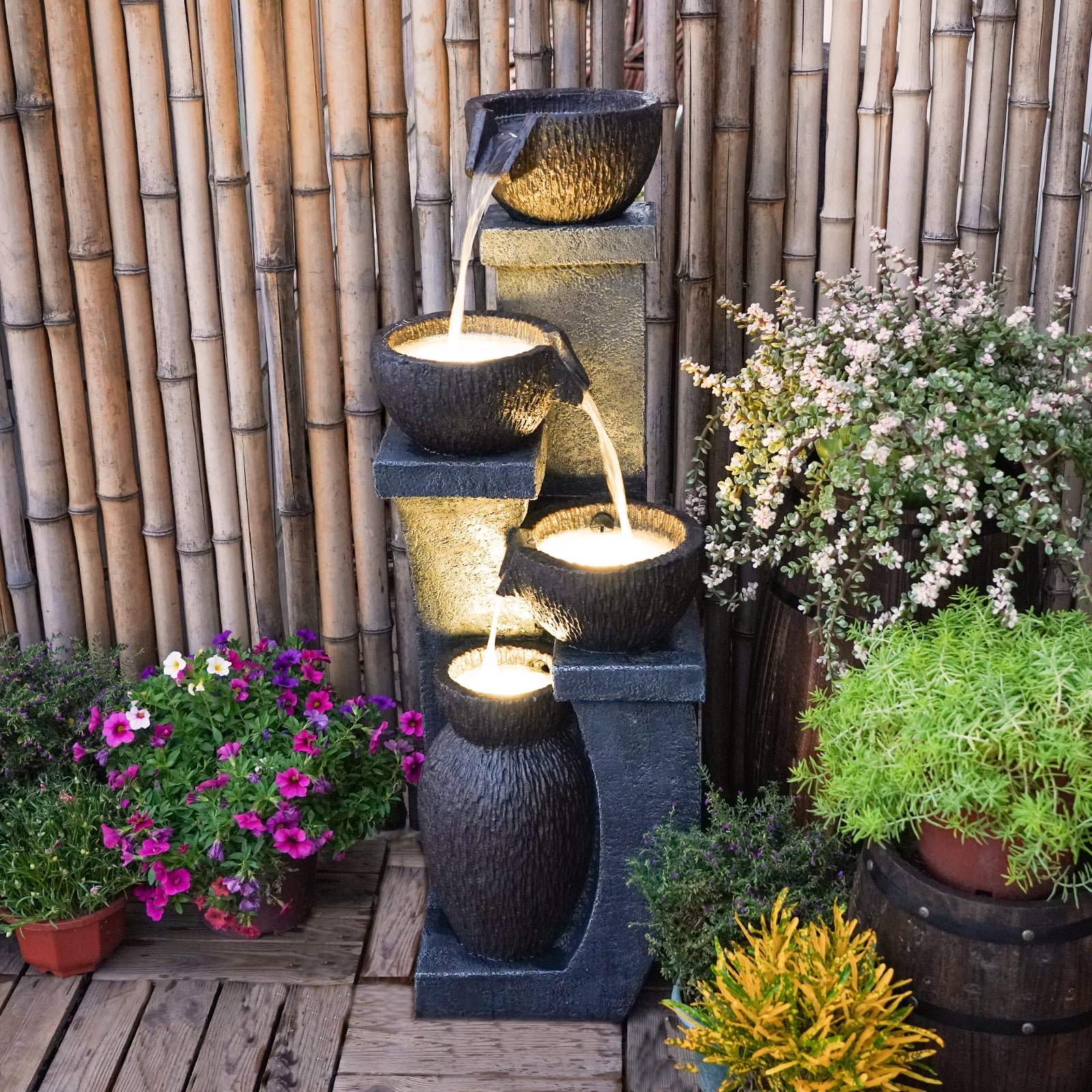 Outdoor Water Garden Fountain 37.40����H Waterfall Small Fountains Cascading Bowl and Jar Water Feature with LED Light for Backyard Patio Porch and Home Art Decor - Image 3