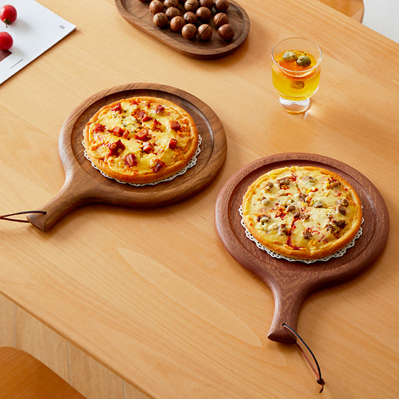 Wholesale Kitchen Restaurant Wooden Pizza Board Walnut Acacia Wood Square Steak Plate With Handle