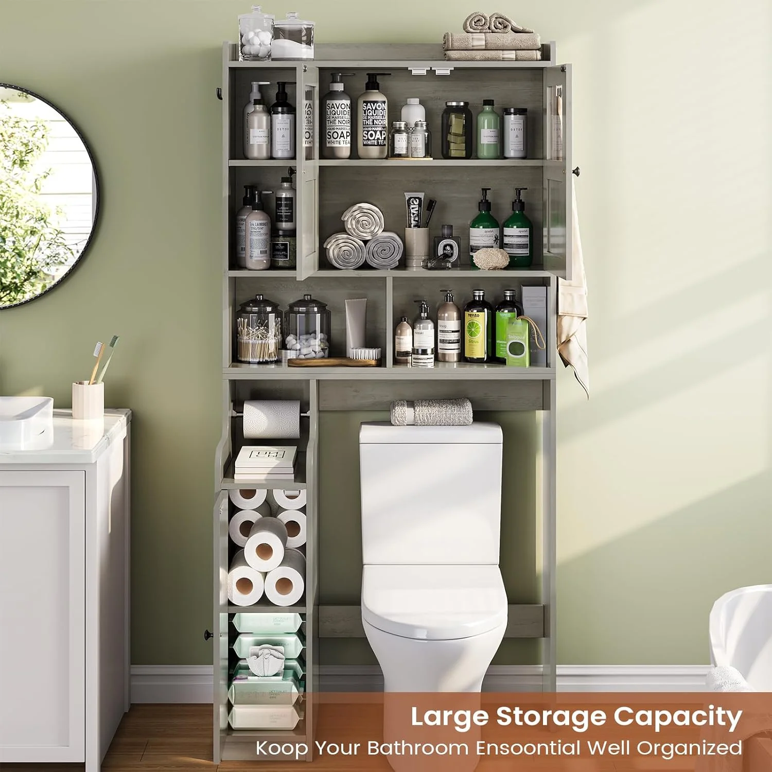 Over The Toilet Storage Cabinet with 3 Doors, Farmhouse Space Saver for Bathroom Organizer with Paper Holder, 10 Shelves and Hooks, 7-Tier Over Washing Machine Cabinet for Laundry, Bathroom, Natural - Image 22