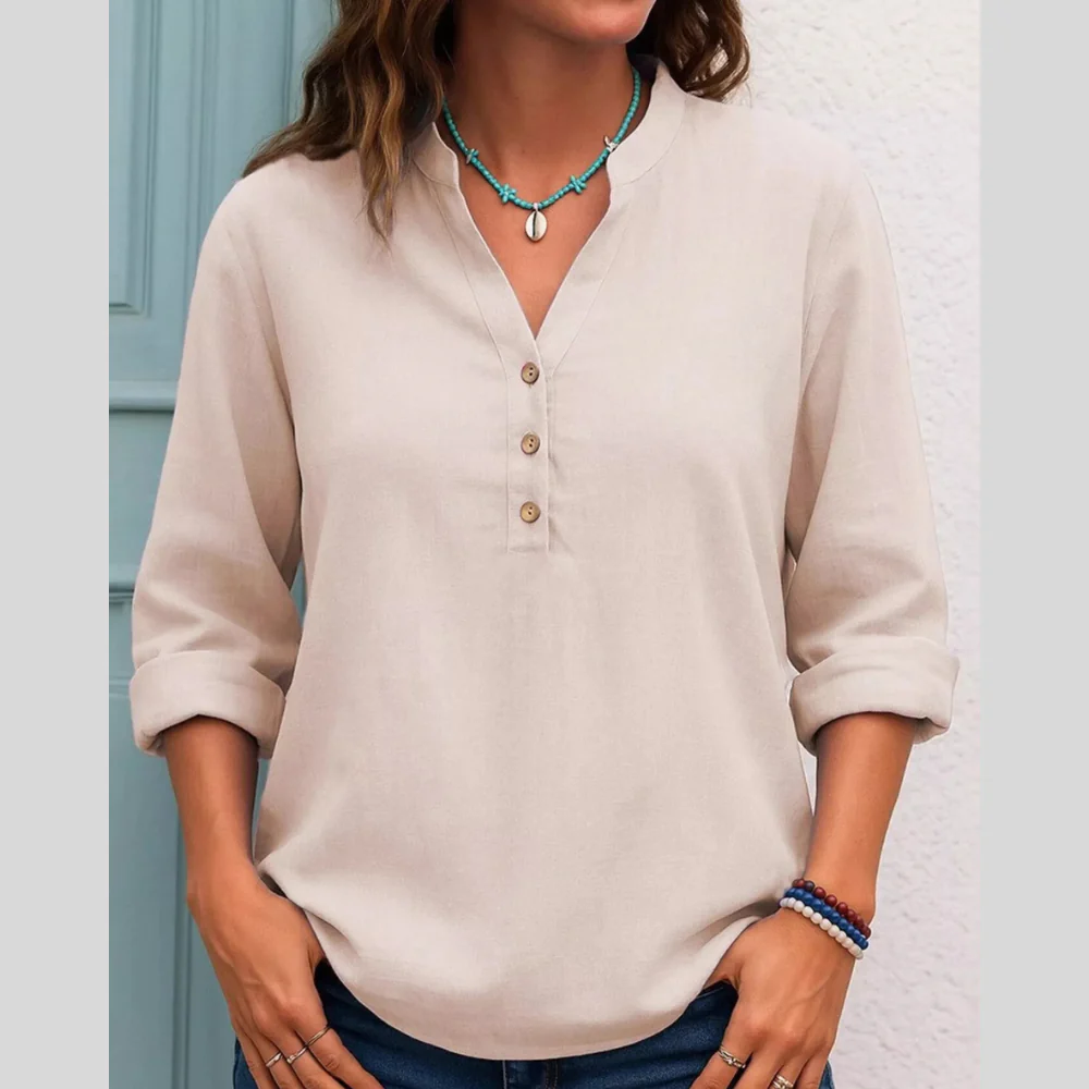 Full Size Button Detail Notched Long Sleeve Blouse Plus Size - ZKZOOK