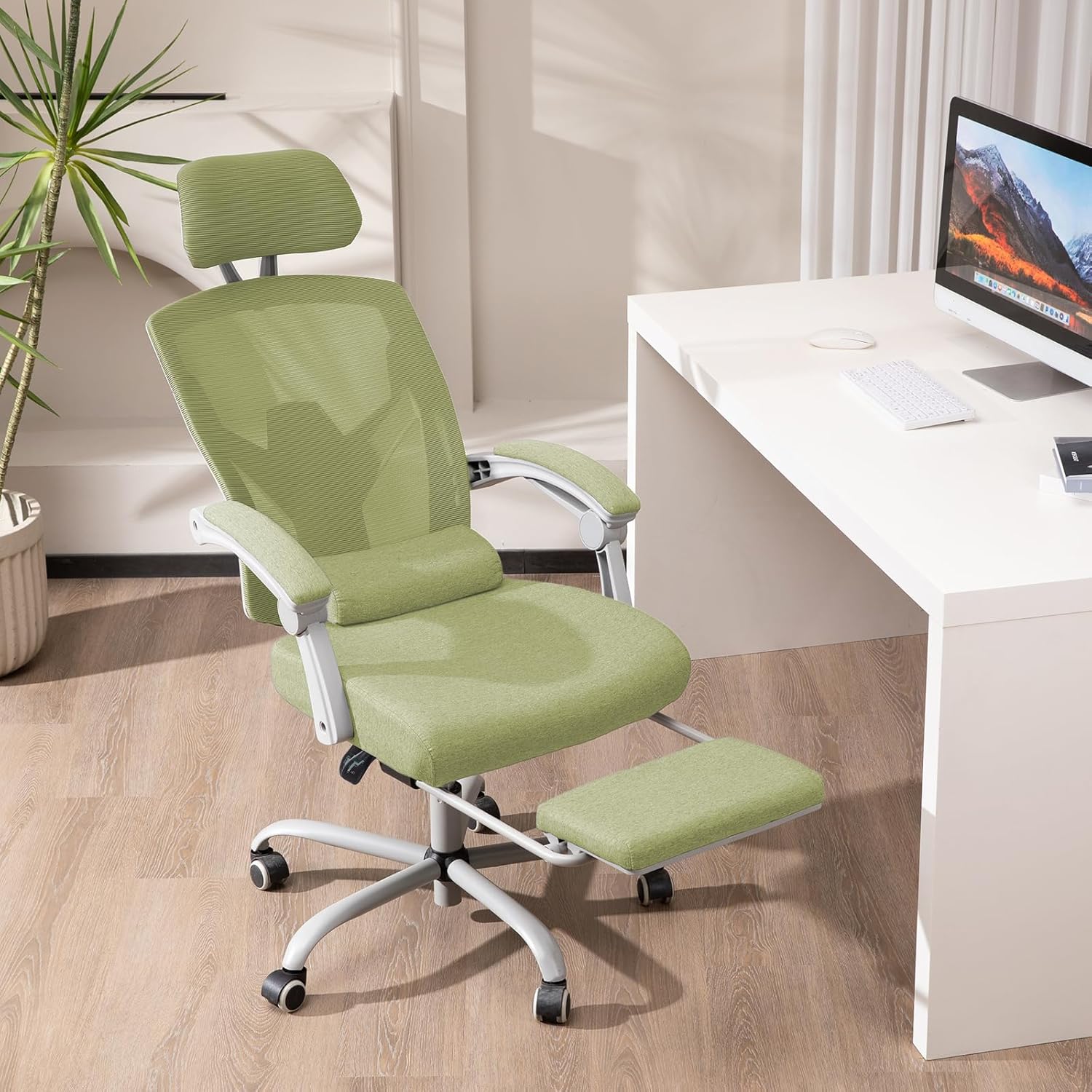 Sweetcrispy Office Computer Desk Chair, Ergonomic High-Back Mesh Rolling Work Swivel Chairs with Wheels, Comfortable Lumbar Support, Comfy Arms for Home, Bedroom, Study, Student, Green