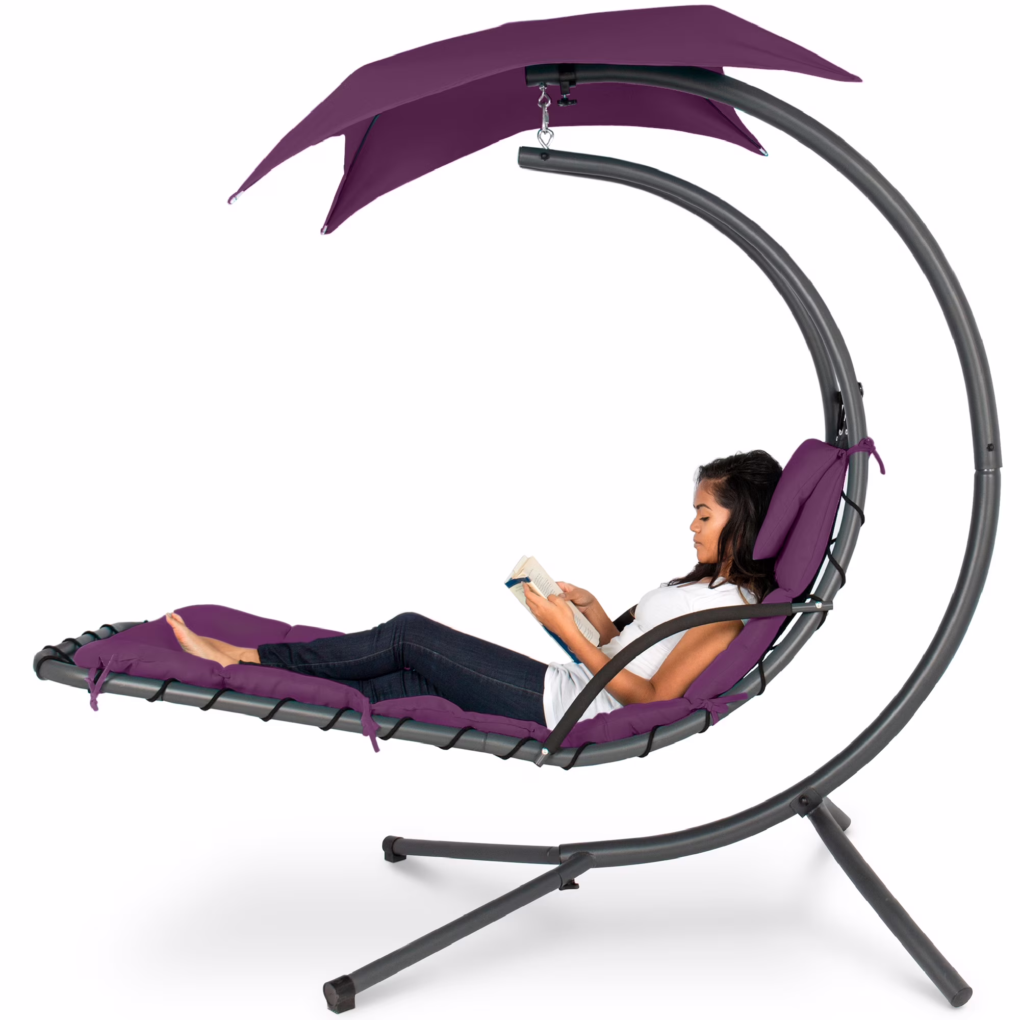Best Choice Products Hanging Curved Chaise Lounge Chair Swing for Backyard, Patio w/ Pillow, Shade, Stand - Teal - Image 11