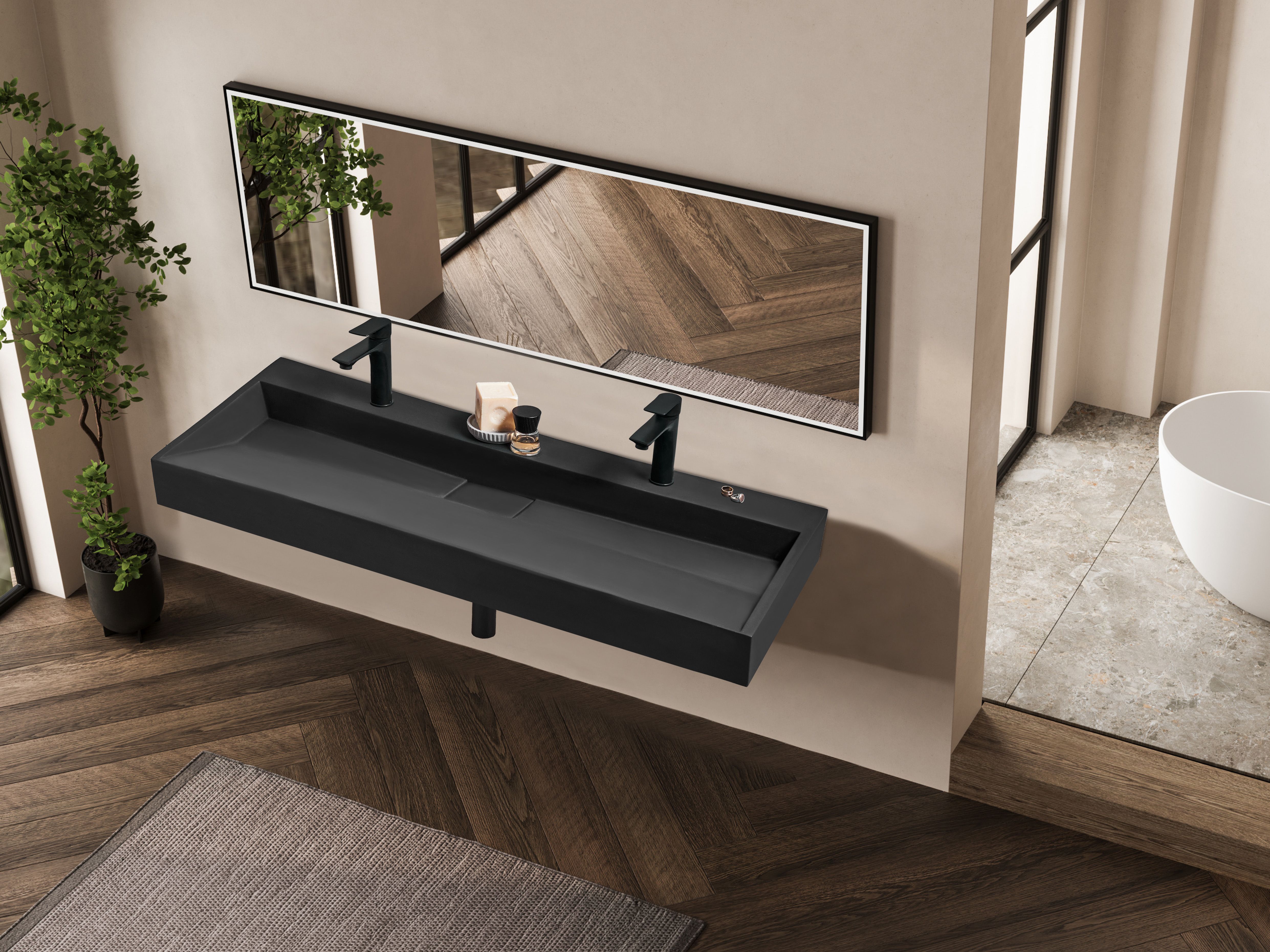 Wall Hung Double Basin QUENKO 1200 x 460 mm Mineral Cast Black