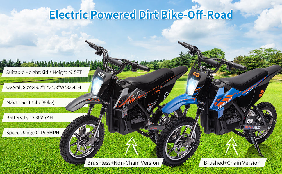 36V Kids Electric Dirt Bike. 350W. 15.5MPH. LED. 175lbs Max