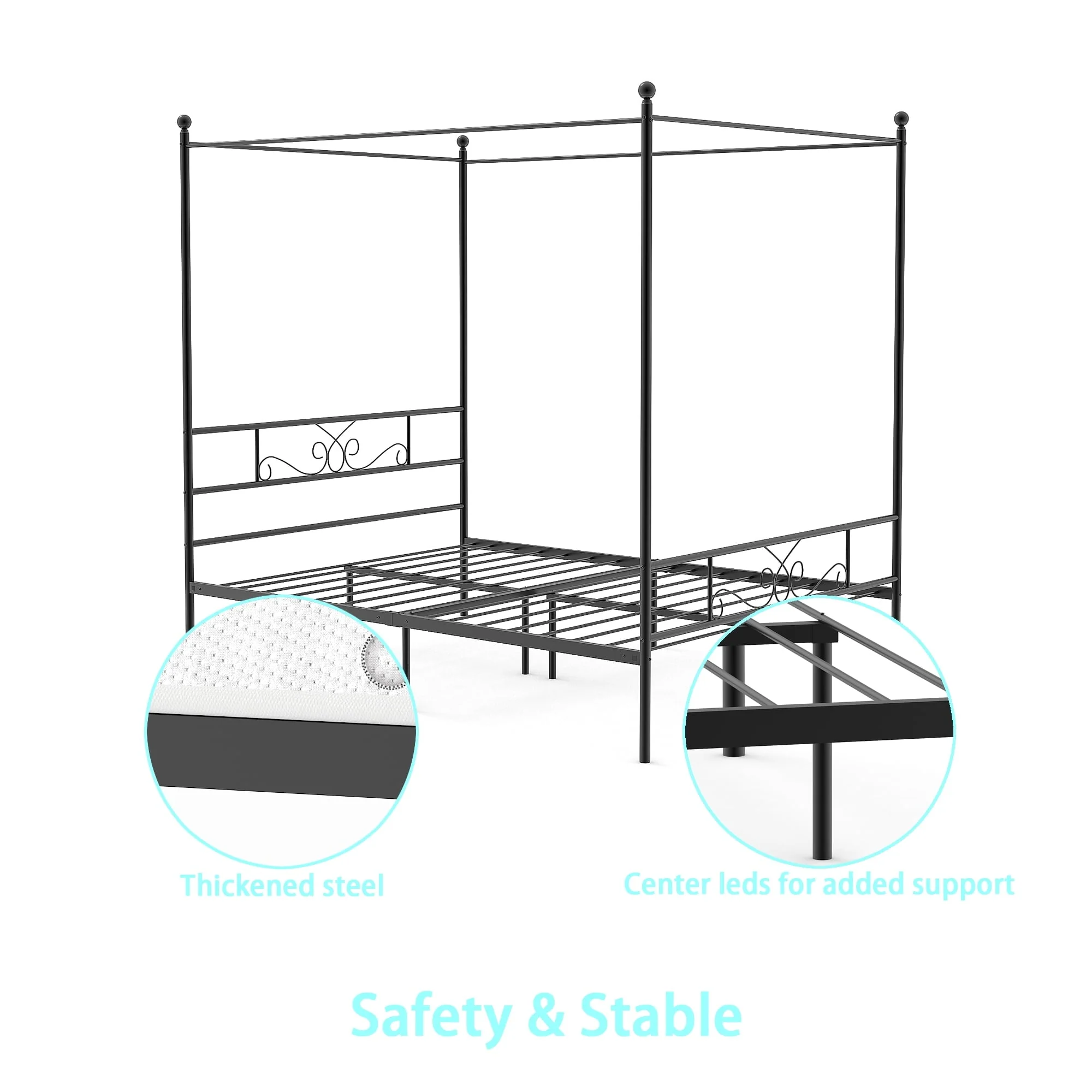 Teraves Metal Canopy Bed 4-post Canopy Bed Frame with Headboard, Full, Black - Image 5