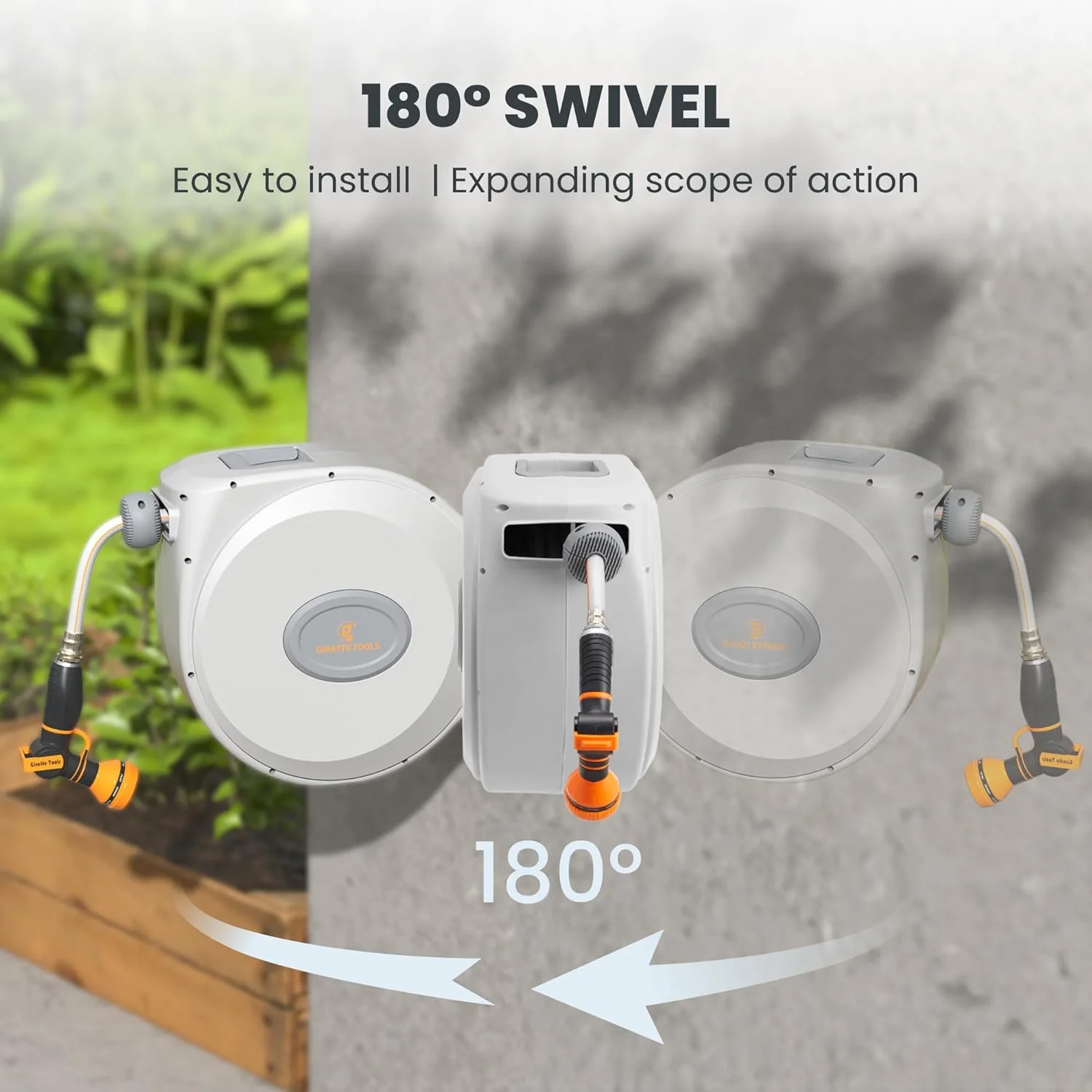 Giraffe Tools Retractable Garden Hose Reel with 1/2in-100ft Water Hose, Plastic Bracket, Wall Mounted, Dark Grey - Image 53