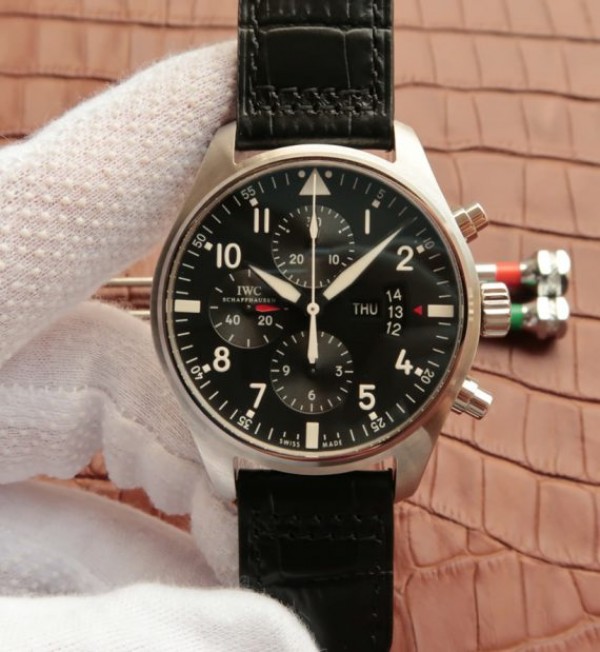 Replica IWC Pilot  Chrono IW377701 Black Dial Leather Strap - Top club