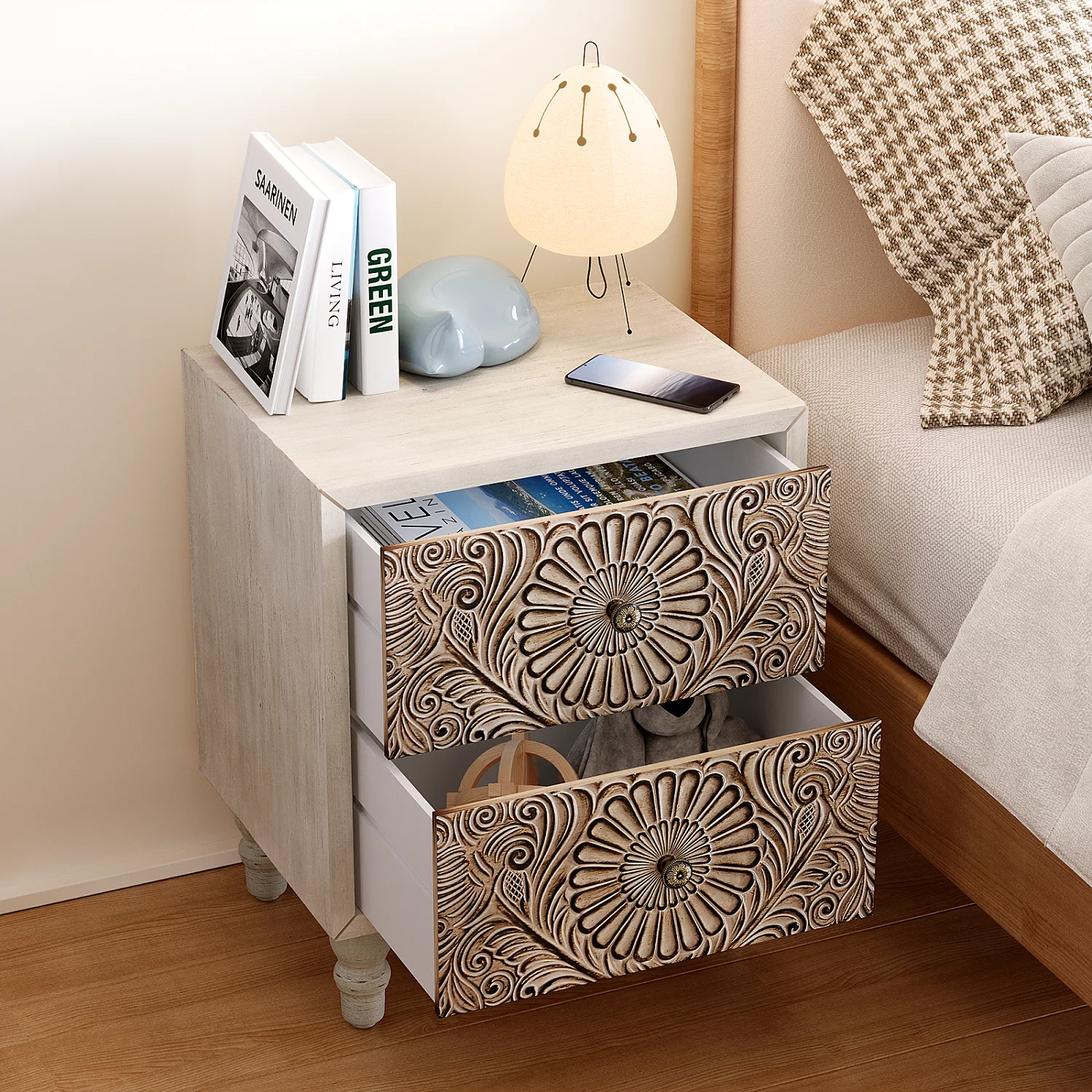 FOROUTIA Wooden Nightstand with 2 Drawers,Vintage MDF Bedside Tables with Storage - Image 16
