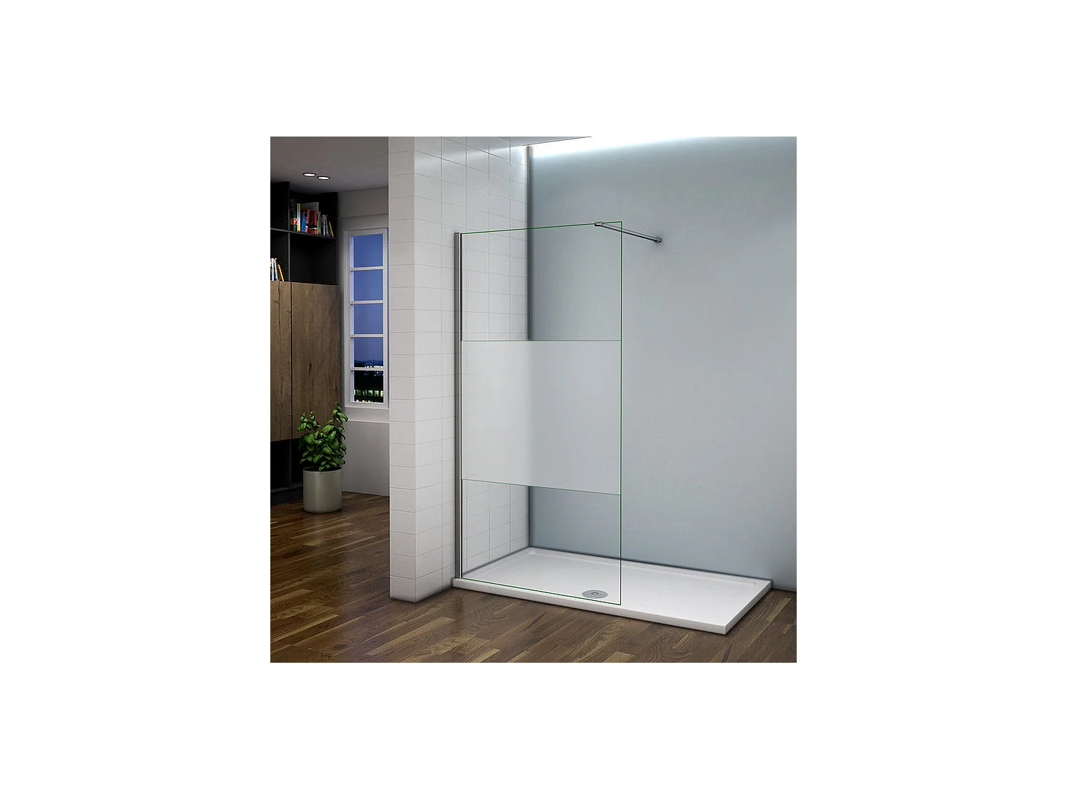Paroi de douche à l'italienne 100x200cm avec barre de fixation 90cm recoupable, en 8mm verre bande centrale dépolie