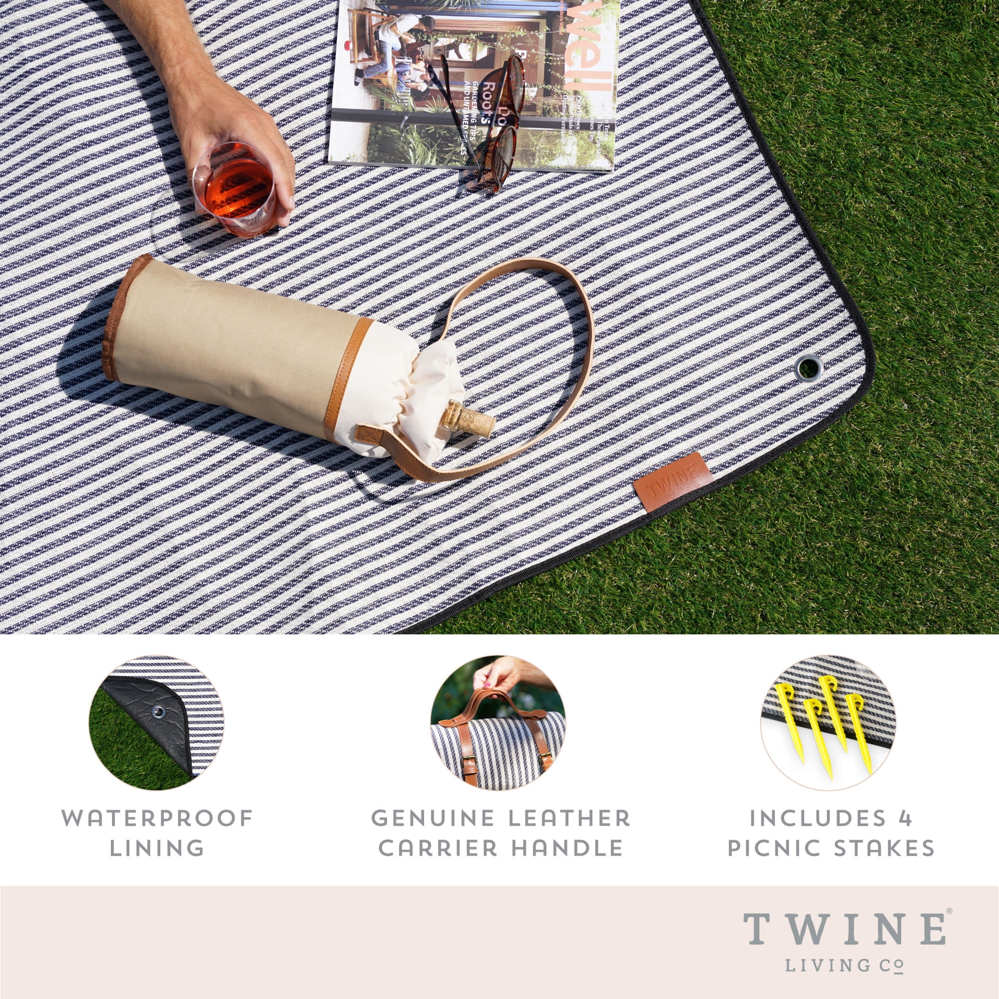 Twine Picnic Blanket - Waterproof Outdoor Blanket , Navy/White Striped 6pc