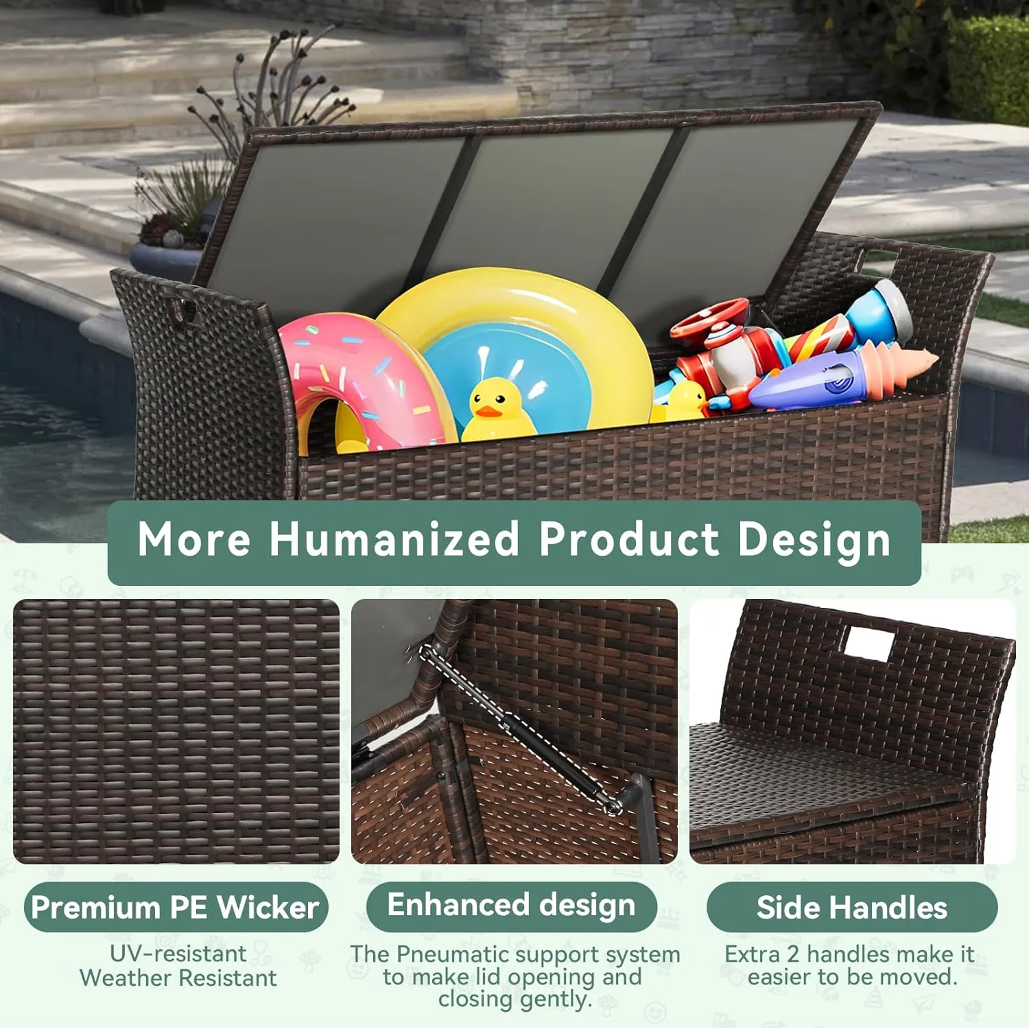 SOLAURA 90 Gallon Patio Wicker Storage Bench w/Cushion, Outdoor Rattan Deck Storage Box w/Handles & Hydraulics, Gray - Image 14