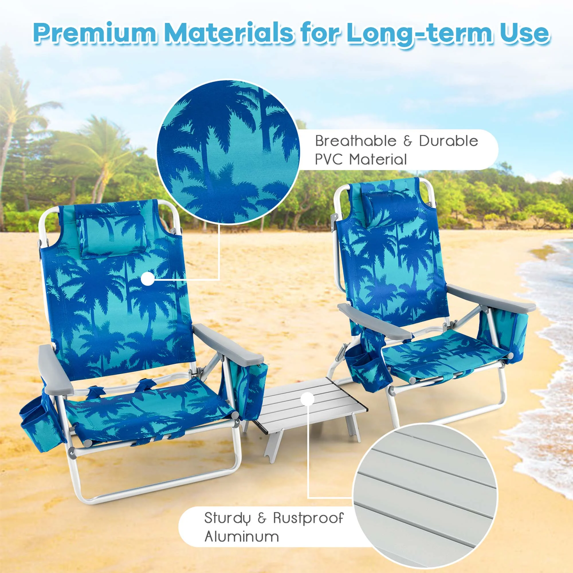 Costway 2-Pack Folding Backpack Beach Chair Table Set 5-Position Outdoor Reclining Chair Pink - Image 68