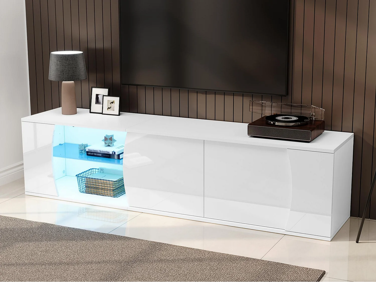 Meuble TV laqué brillant 180x40x45 cm - Éclairage LED - 3 portes - Vitrage en verre trempé - Panneaux de particules - Blanc