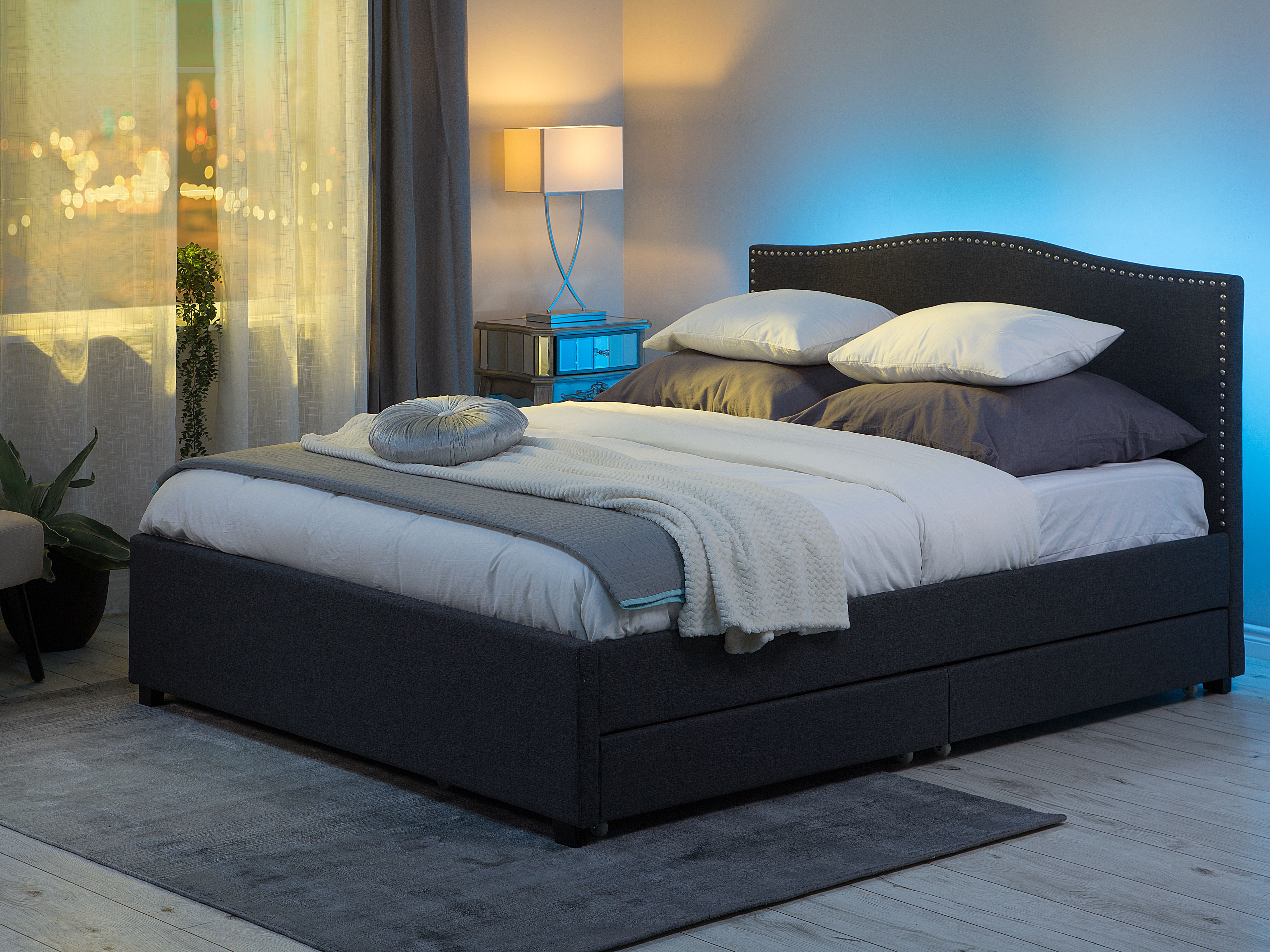 Bed with Storage Drawers Fabric MONTPELLIER 180 x 200 cm (EU Super King) LED Multicolour