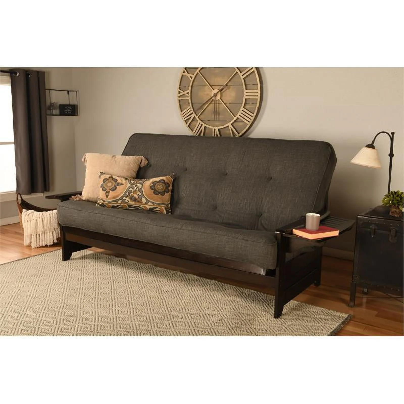 Bowery Hill Queen-size Espresso Wood Futon-Linen Charcoal Mattress