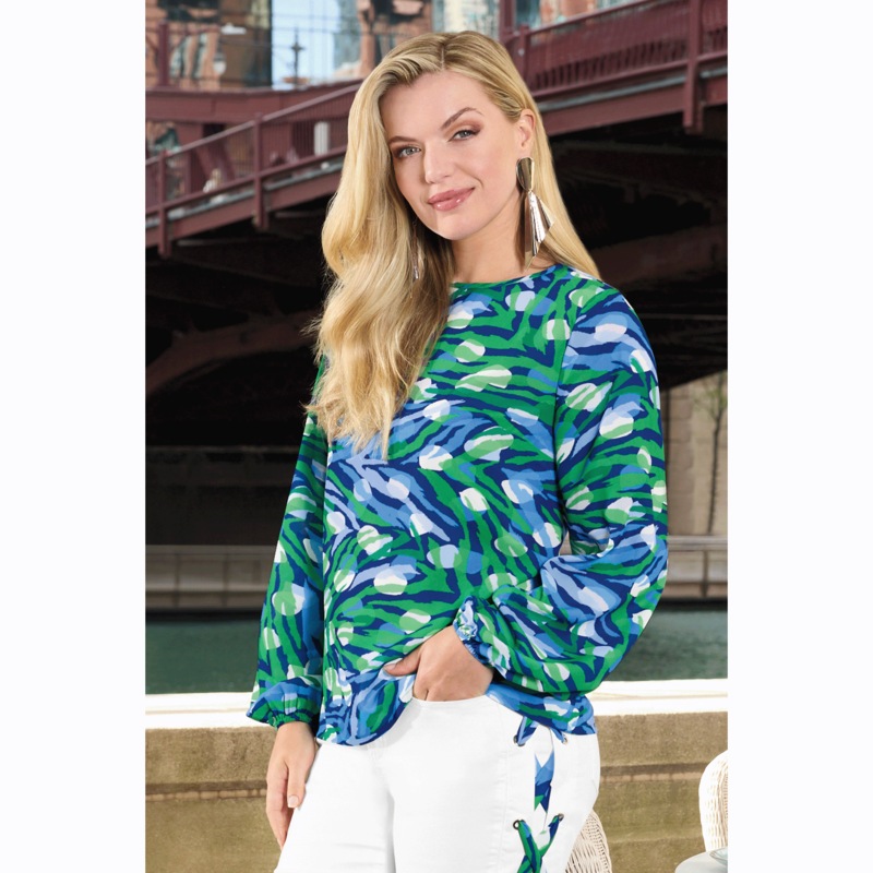 Camellia Full-Sleeve Blouse with Vibrant Watercolor Print - MIDNIGHT VELVET CATALOG