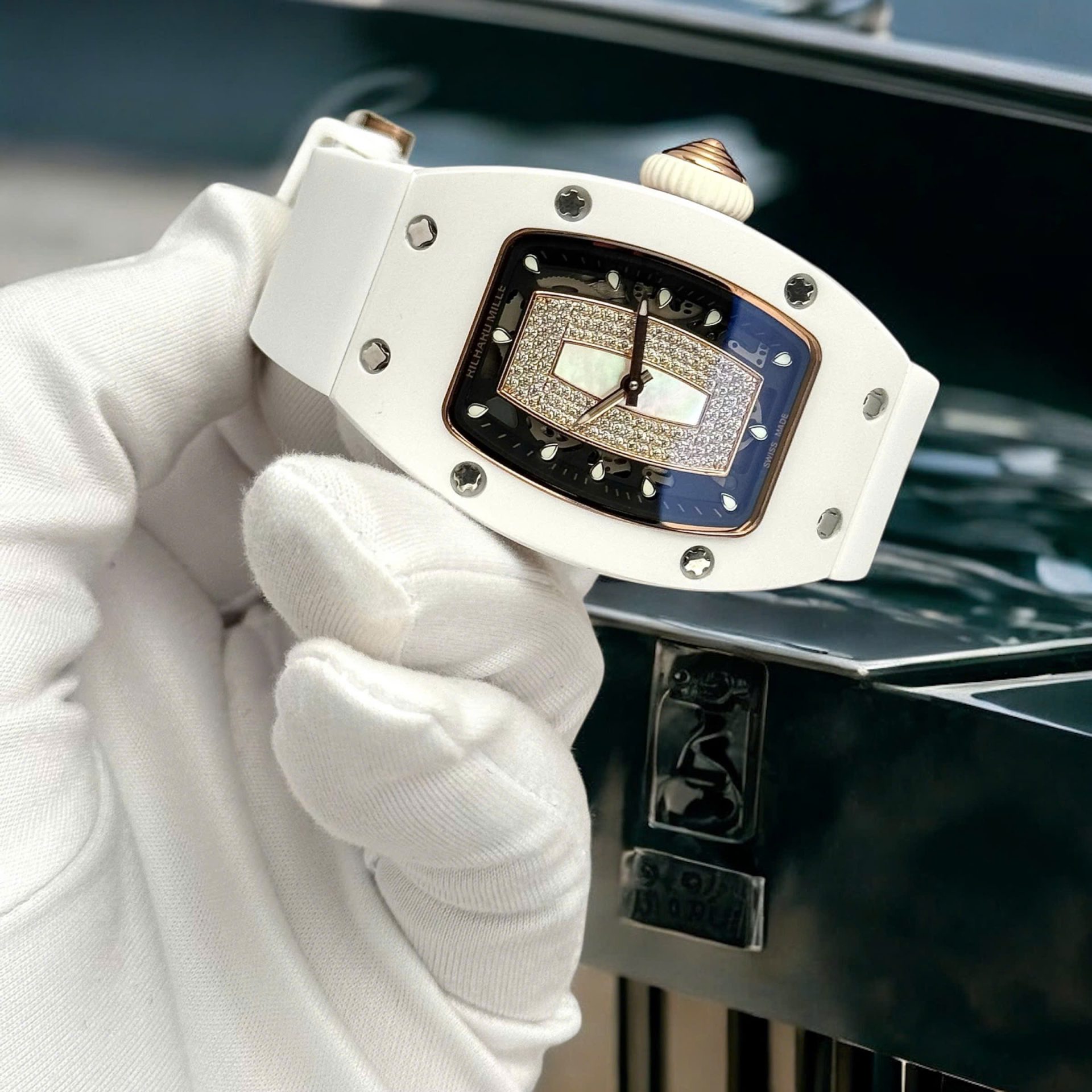 Richard Mille RM07 Super Clone Watches White Ceramic Rubber Strap Automatic Movement 36mm - Elite Watch Atelier