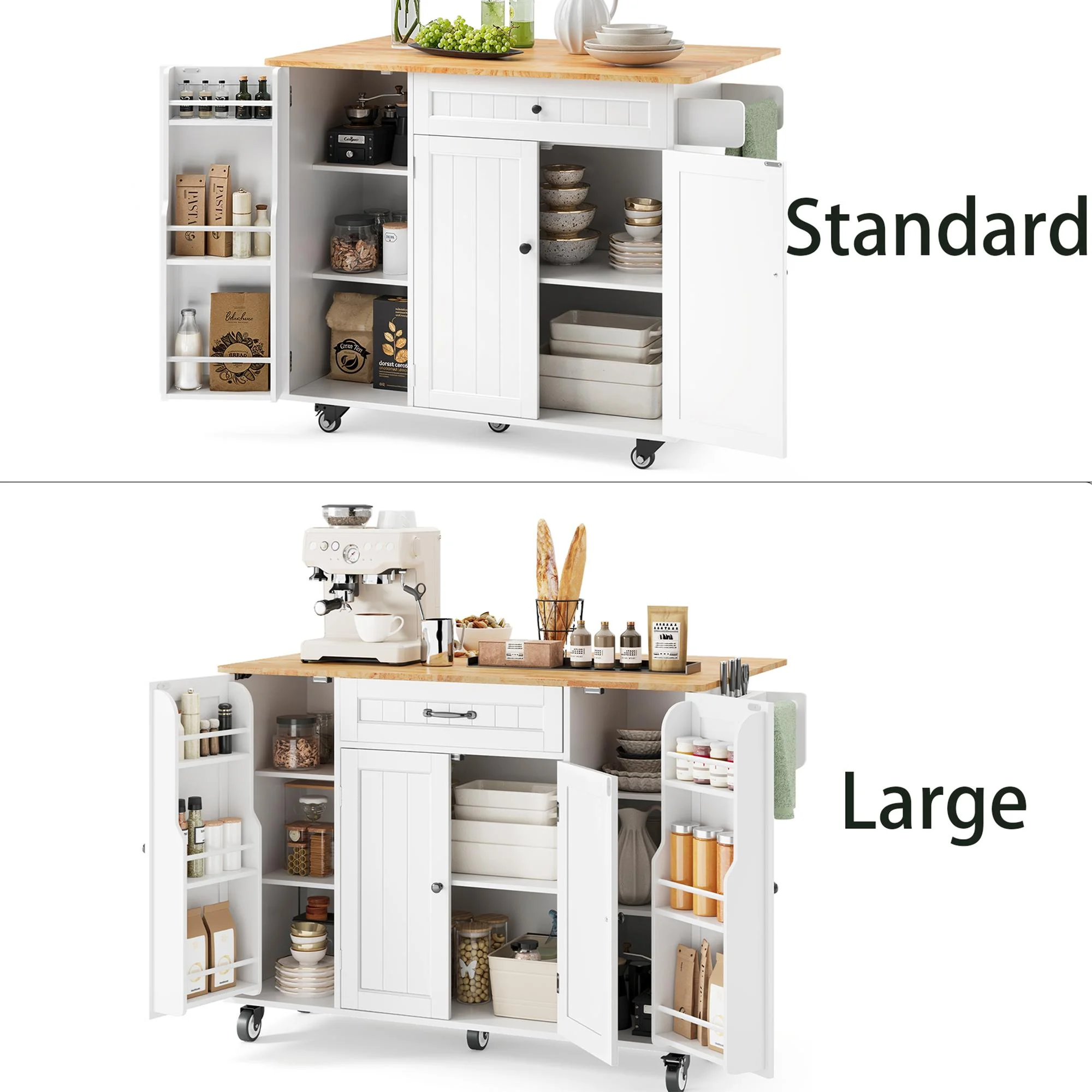 Noelse Kitchen Island with Storage, Island Table for Kitchen with Drop Leaf, Spice Rack, Towel Bar for Small Kitchens, White