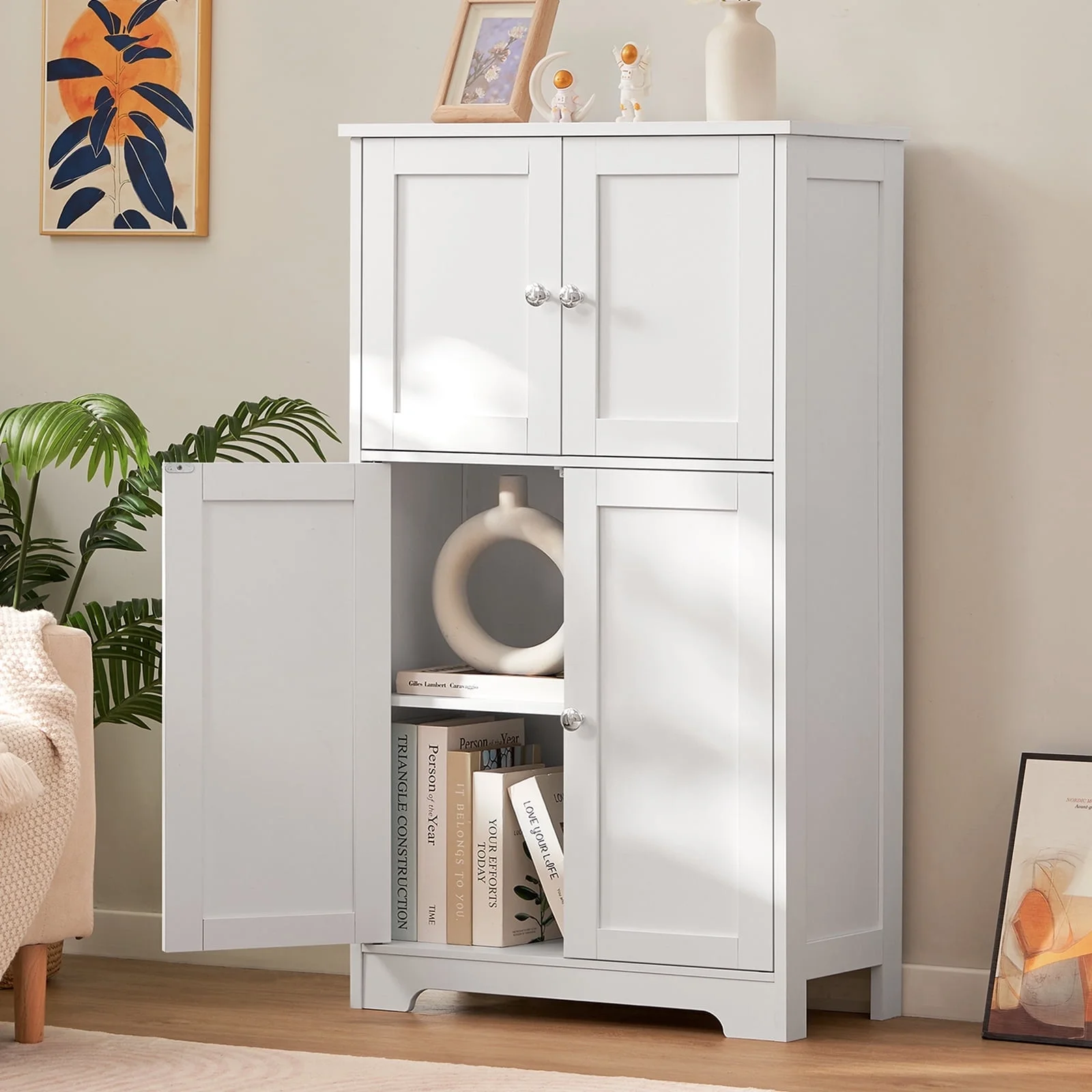 Bathroom Floor Storage Cabinet, Freestanding Bathroom Storage Unit with 2 Adjustable Shelves & 4 Doors, 11.8 x 23.6 x 42.7 Inches, White