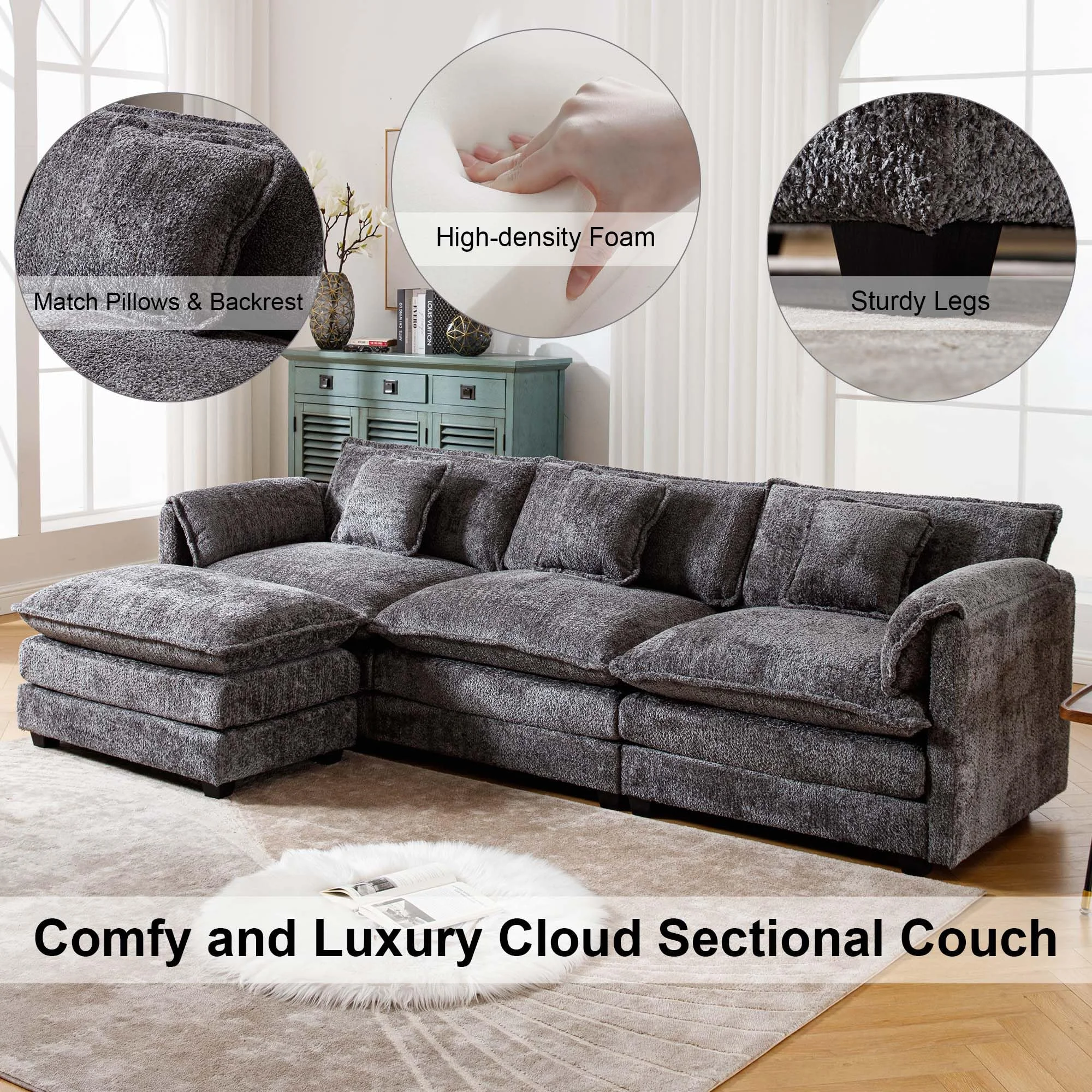 GNIXUU 112" Oversized Sectional Sofa Cloud Couch for Living Room, Modern Chenille L Shaped Couch, Comfy Boucle Modular Sofa Sleeper with Moveable Ottoman & Memory Foam (Green) - Image 47