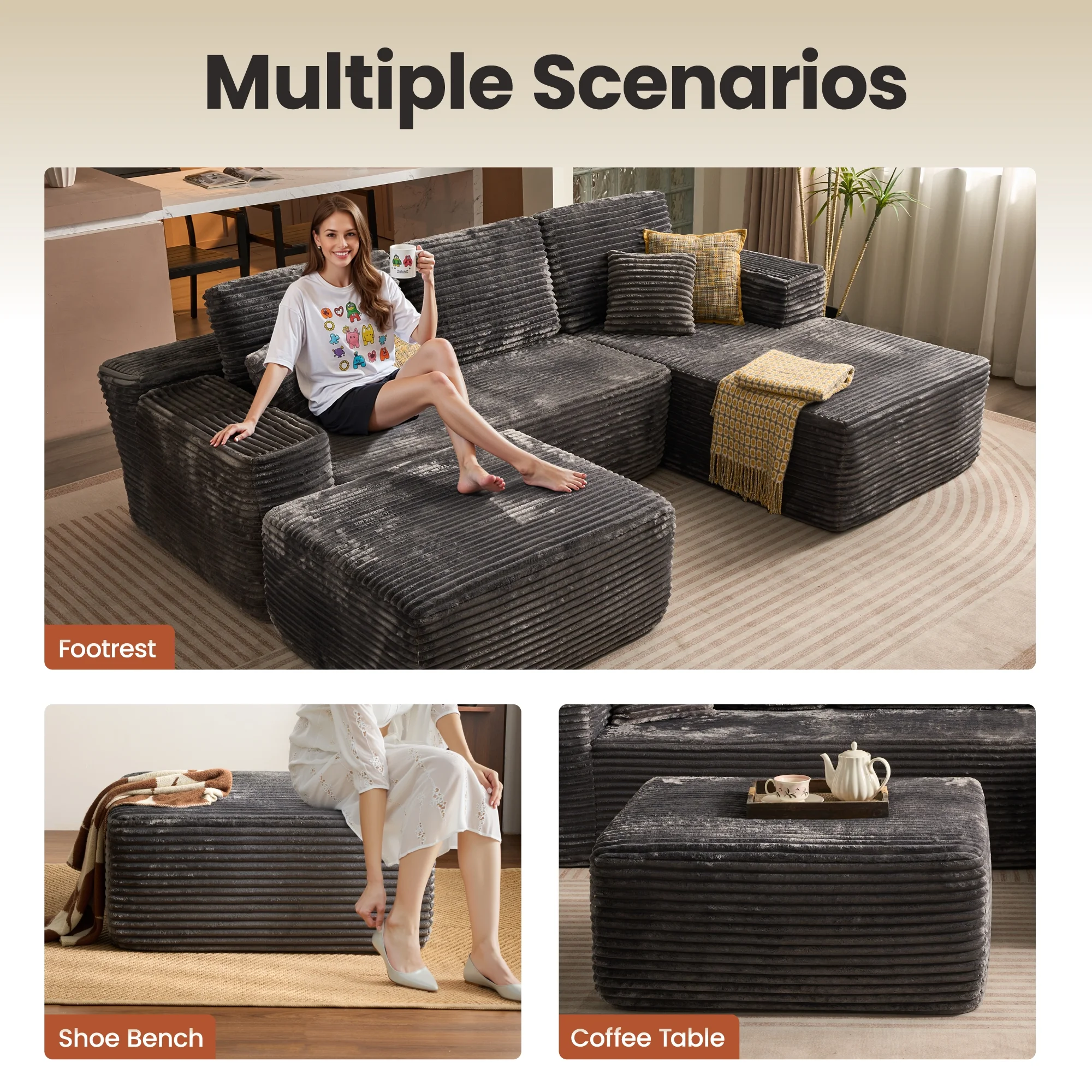 Ovios 106" L-Shaped Sectional Sofa Modern Modular Cloud Couch with Deep Seating Upholstered Sofa for Living Room Bedroom, No Assembly Required, Black(Corduroy) - Image 41