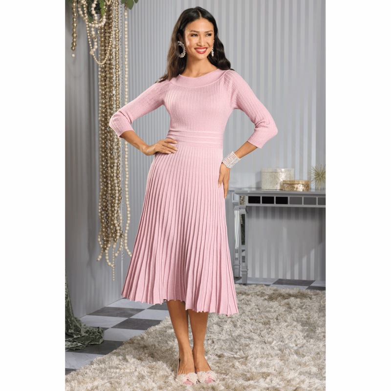 Shimmer Rib Women's Sweater Dress with Pleated Flared Skirt - MIDNIGHT VELVET CATALOG