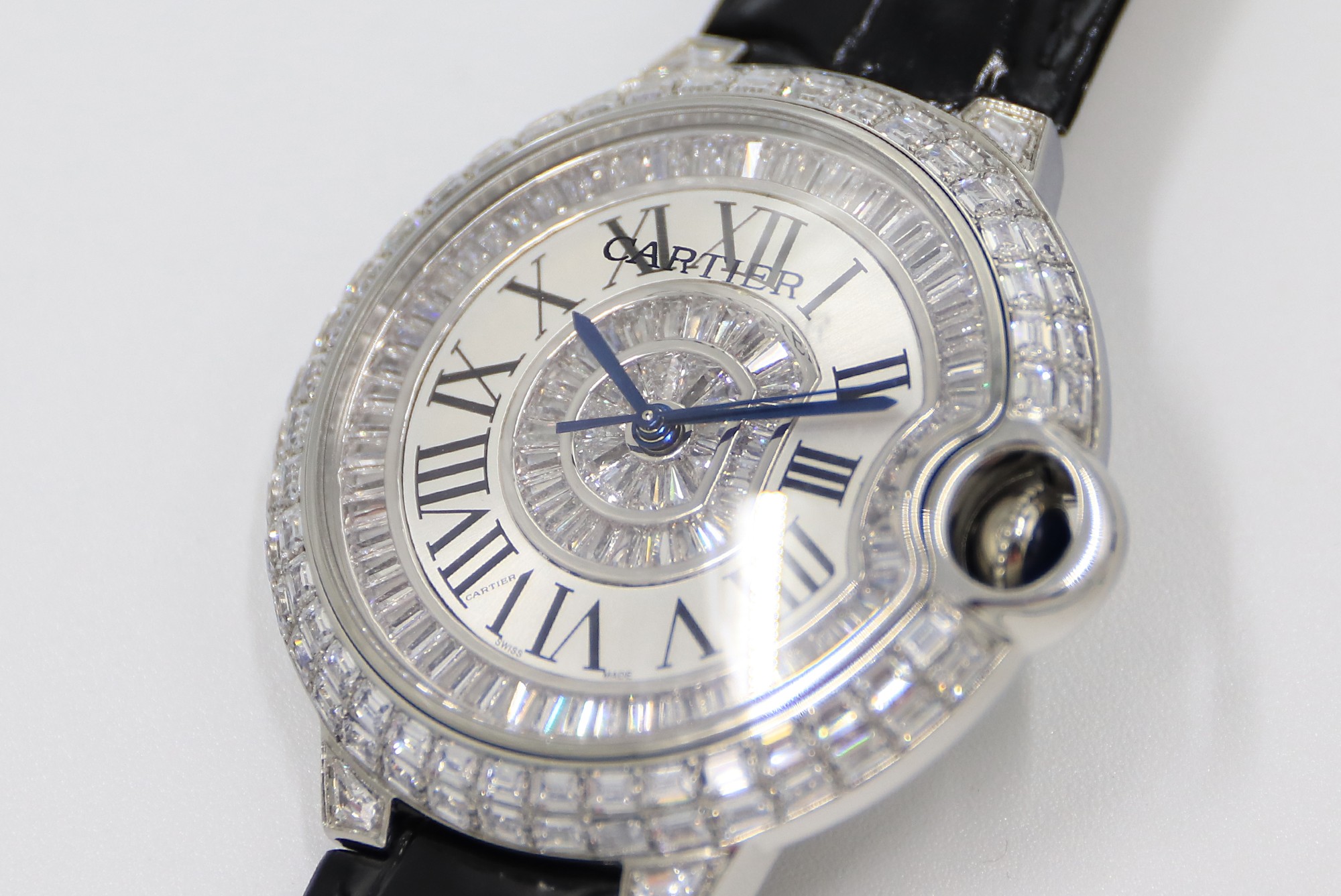 Cartier Blue Balloon Square Diamonds Full Sky Watch-Roman Numerals-White-Leather-42mm(1:1 replica) - Elite Watch Atelier