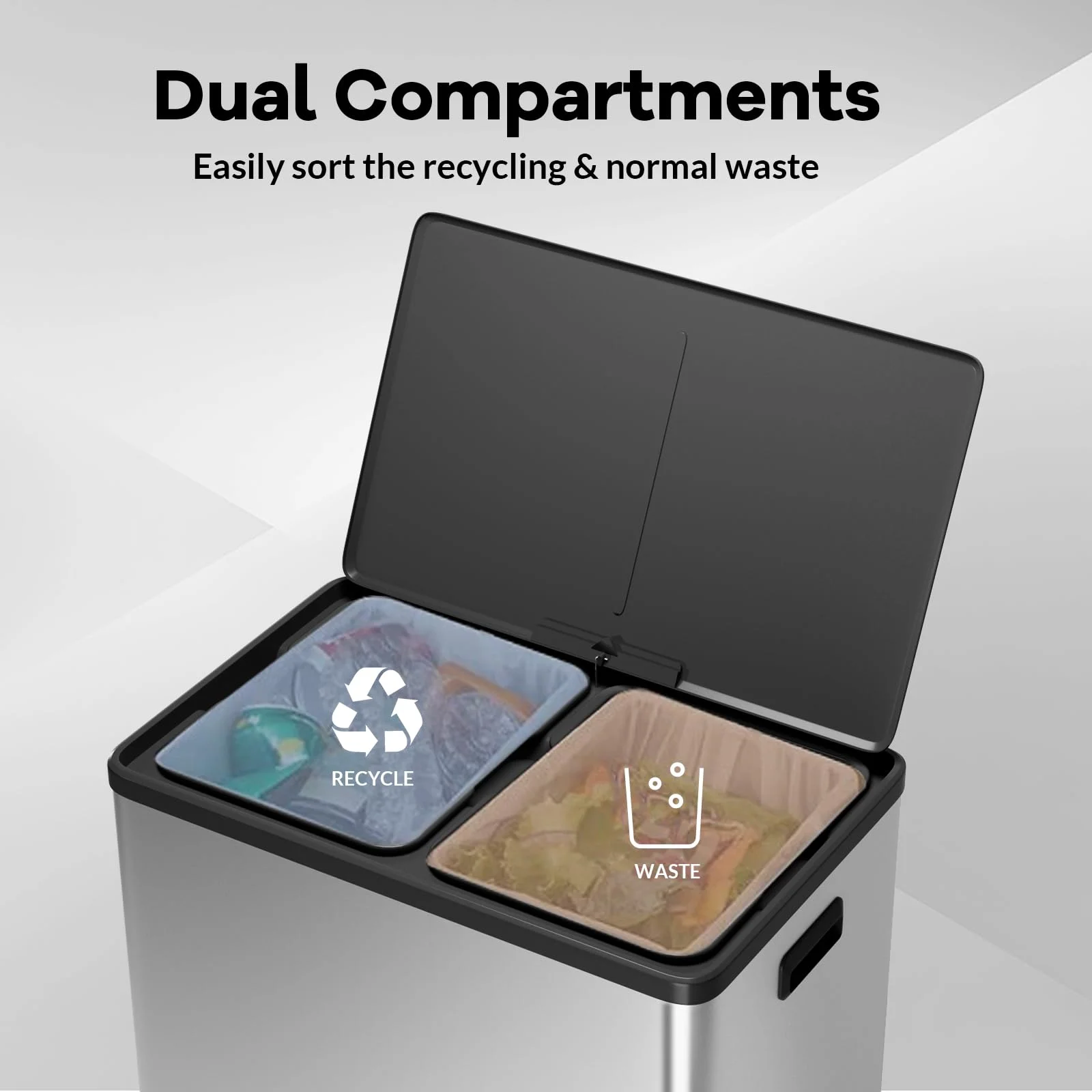 JoanKaren 16 Gallon Stainless Steel Dual Compartment Step Kitchen Trash Can with Lid & 2 Removable Wastebaskets,Kitchen Garbage Can & Recycling Bin,Black - Image 12
