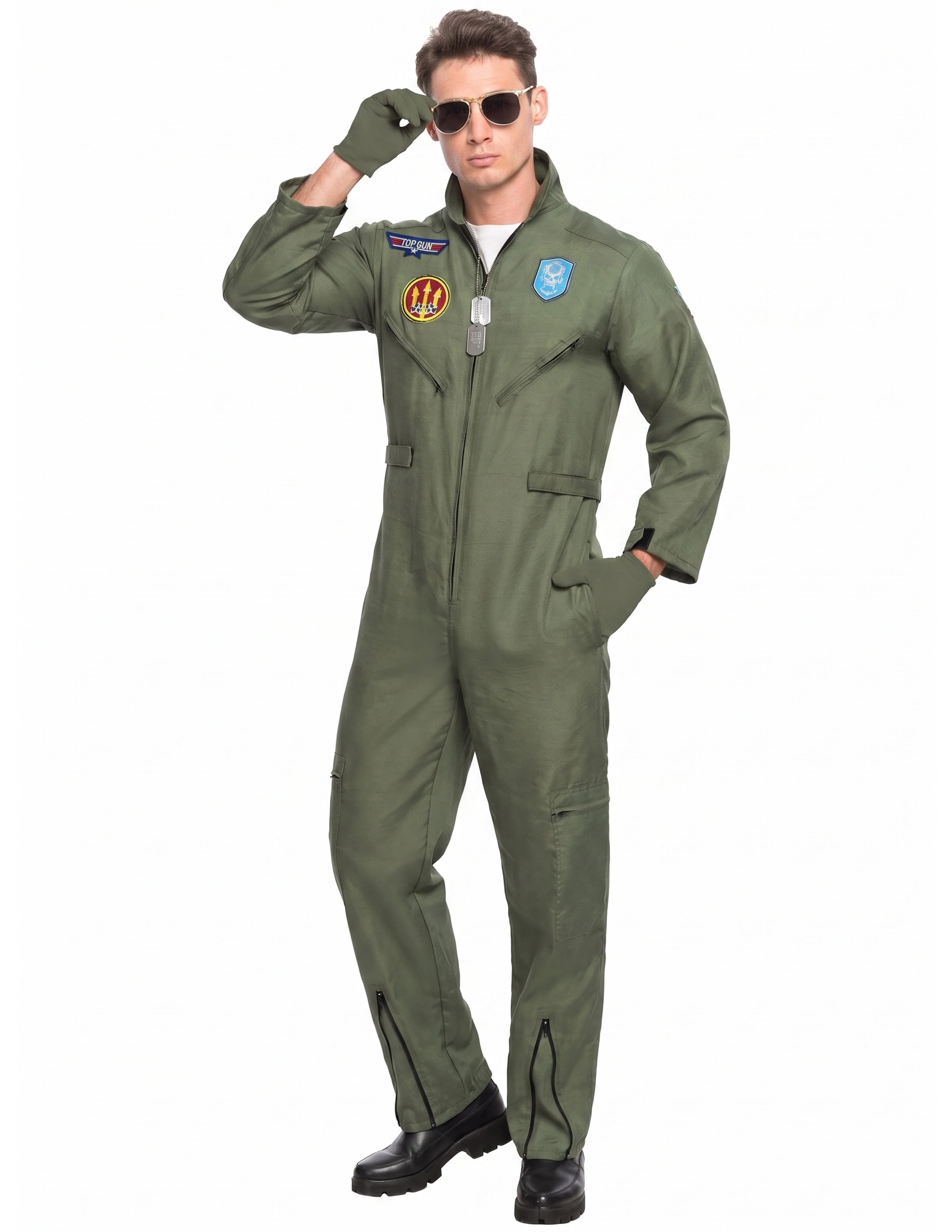 Joyfy Flight Pilot Costume for Adults Pilots Uniform Costume Movie Icon Green Jumpsuit for Men Halloween Party Fancy Dress up Cosplay - Image 2 Joyfy Flight Pilot Costume for Adults Pilots Uniform Costume Movie Icon Green Jumpsuit for Men Halloween Party Fancy Dress up Cosplay - Image 2
