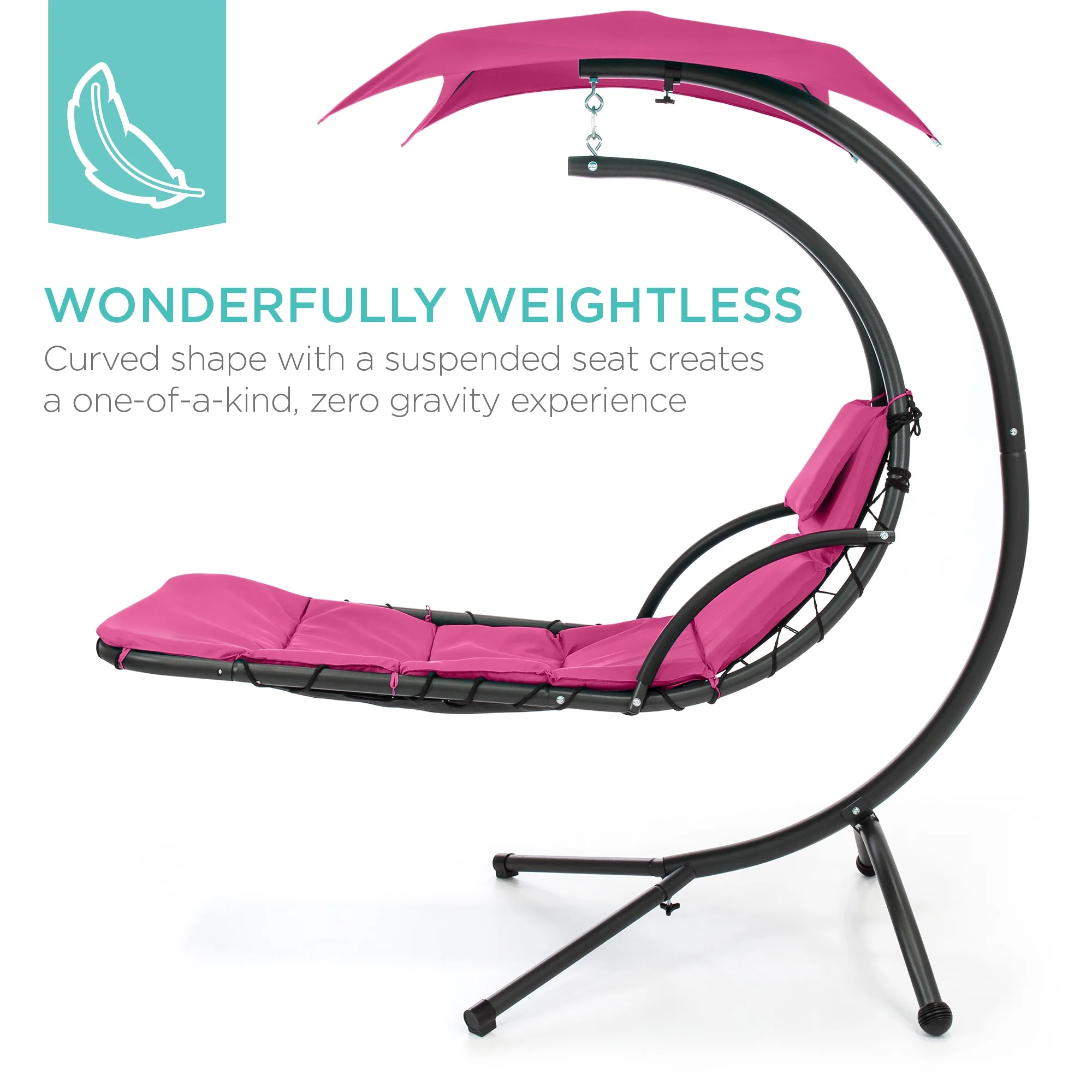 Best Choice Products Hanging Curved Chaise Lounge Chair Swing for Backyard, Patio w/ Pillow, Shade, Stand - Teal - Image 128