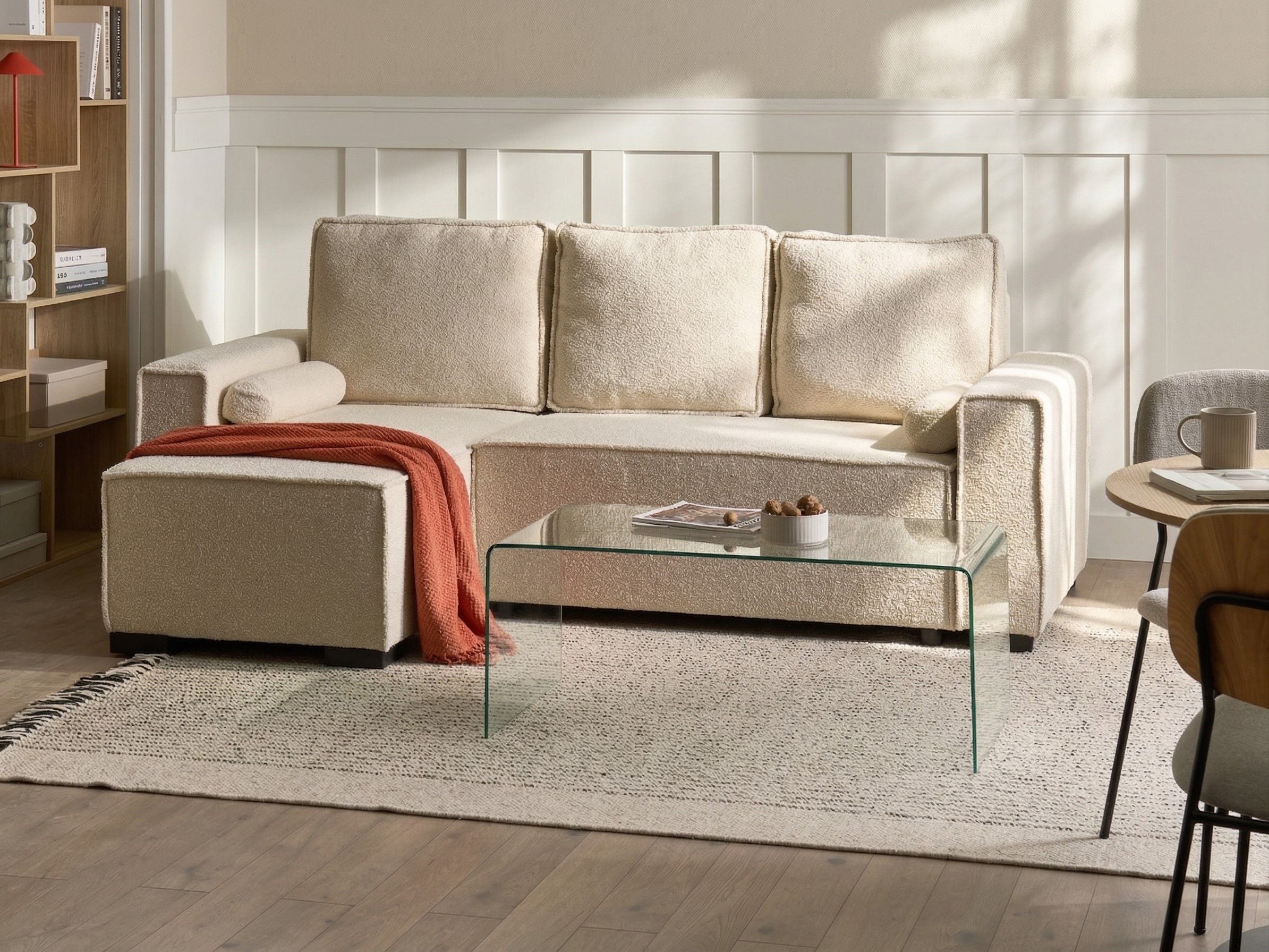 Corner Sofa Bed 3 Seater EDANE Boucle Off-White with Storage Right Hand