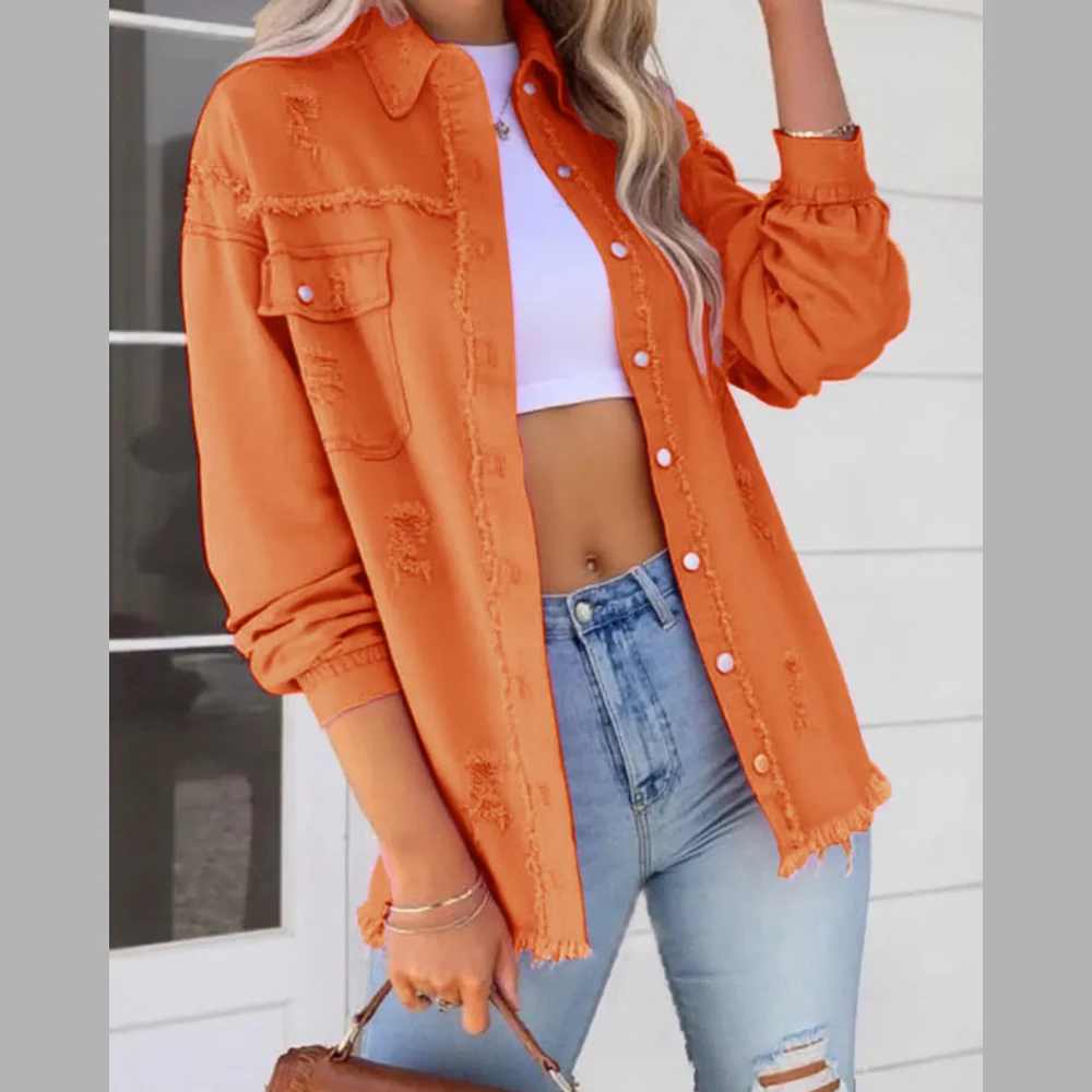 Distressed Denim Jacket with Frayed Edges - ZKZOOK