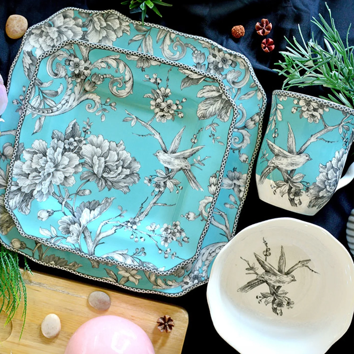 222 Fifth Adelaide Round 16-Piece Porcelain Dinnerware Set, Black Toile - Image 43