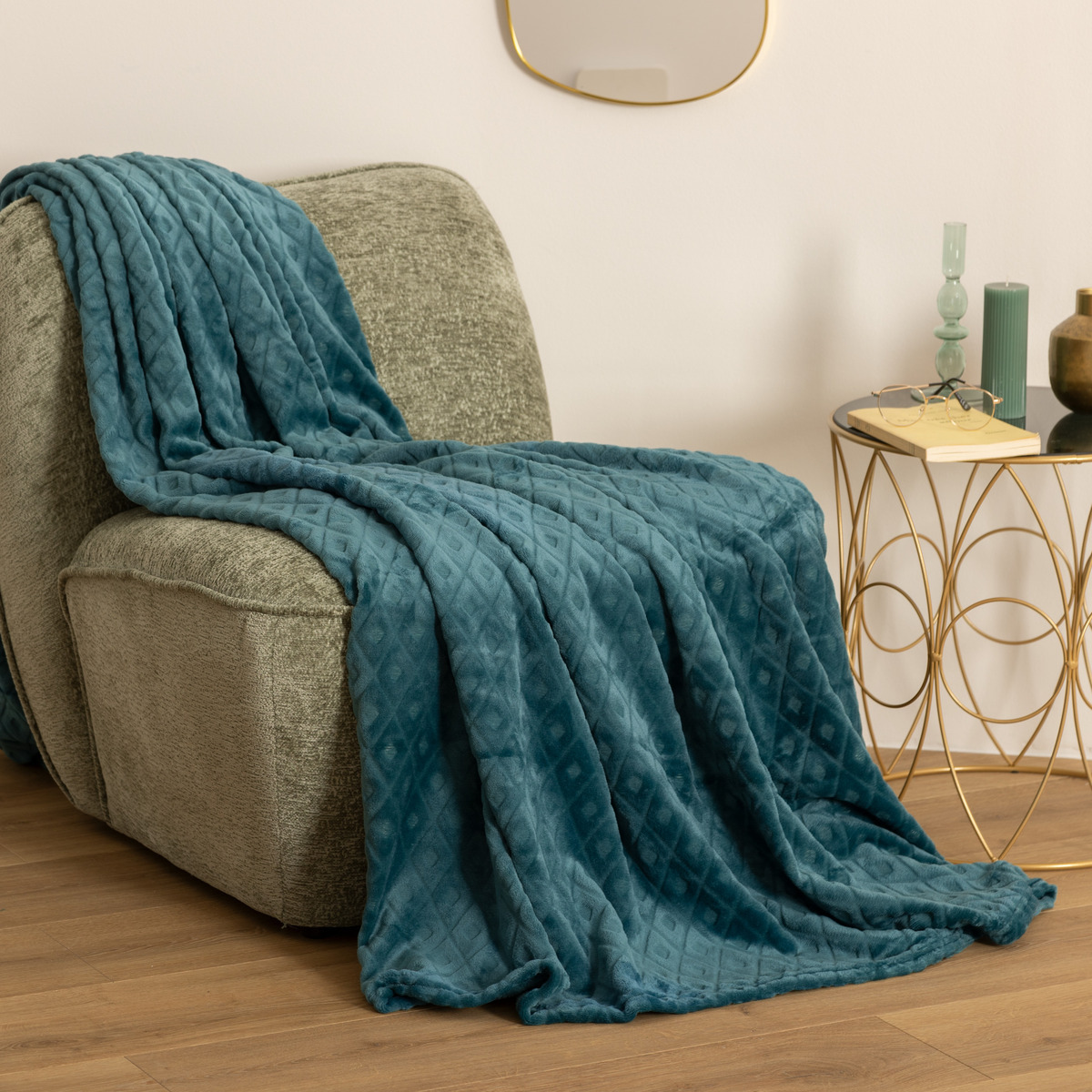 Plaid "3D Losange", flannel Teal blue, 180x230 cm