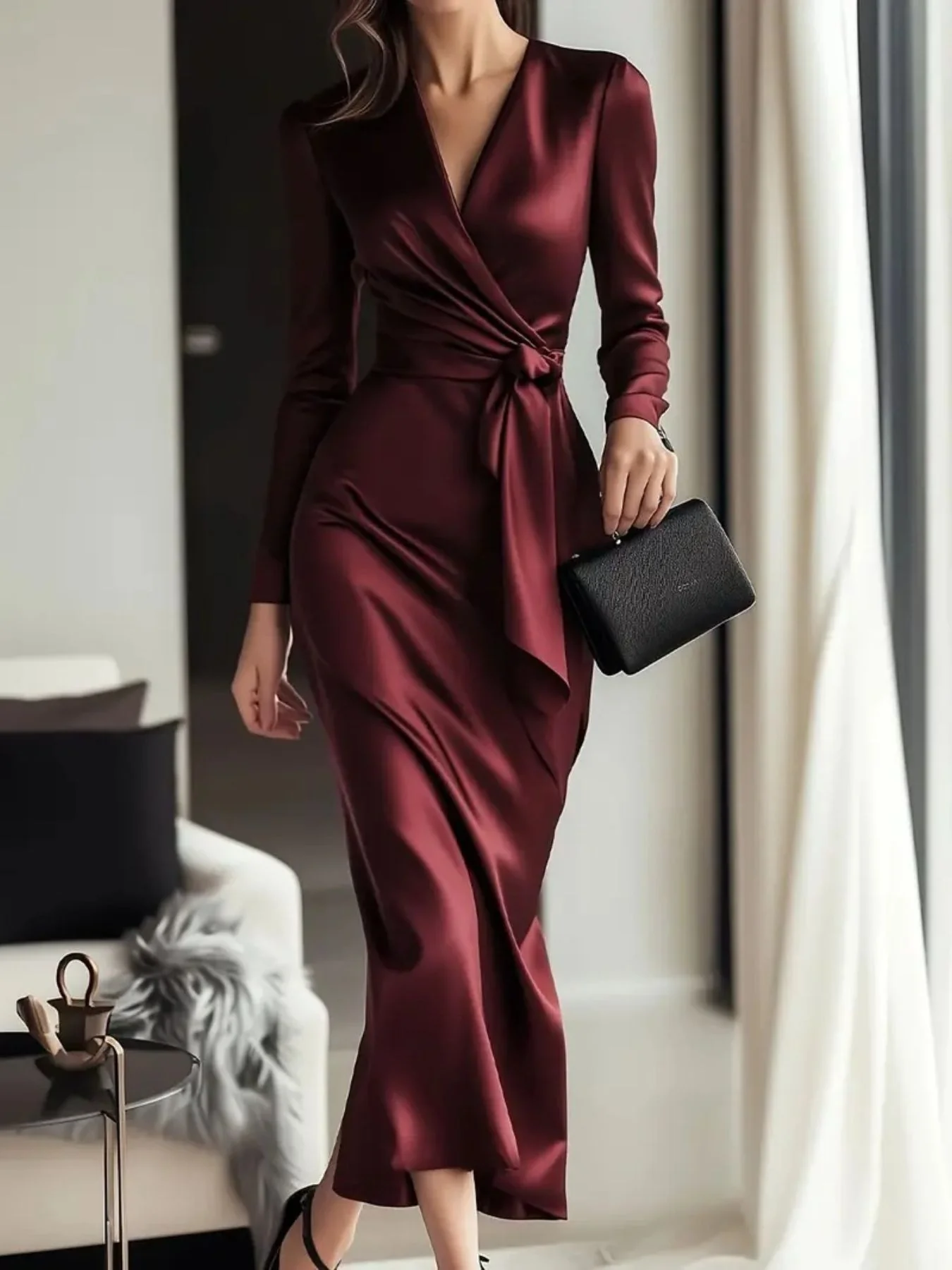 Satin Tie Waist Long Sleeve Dress - ZKZOOK
