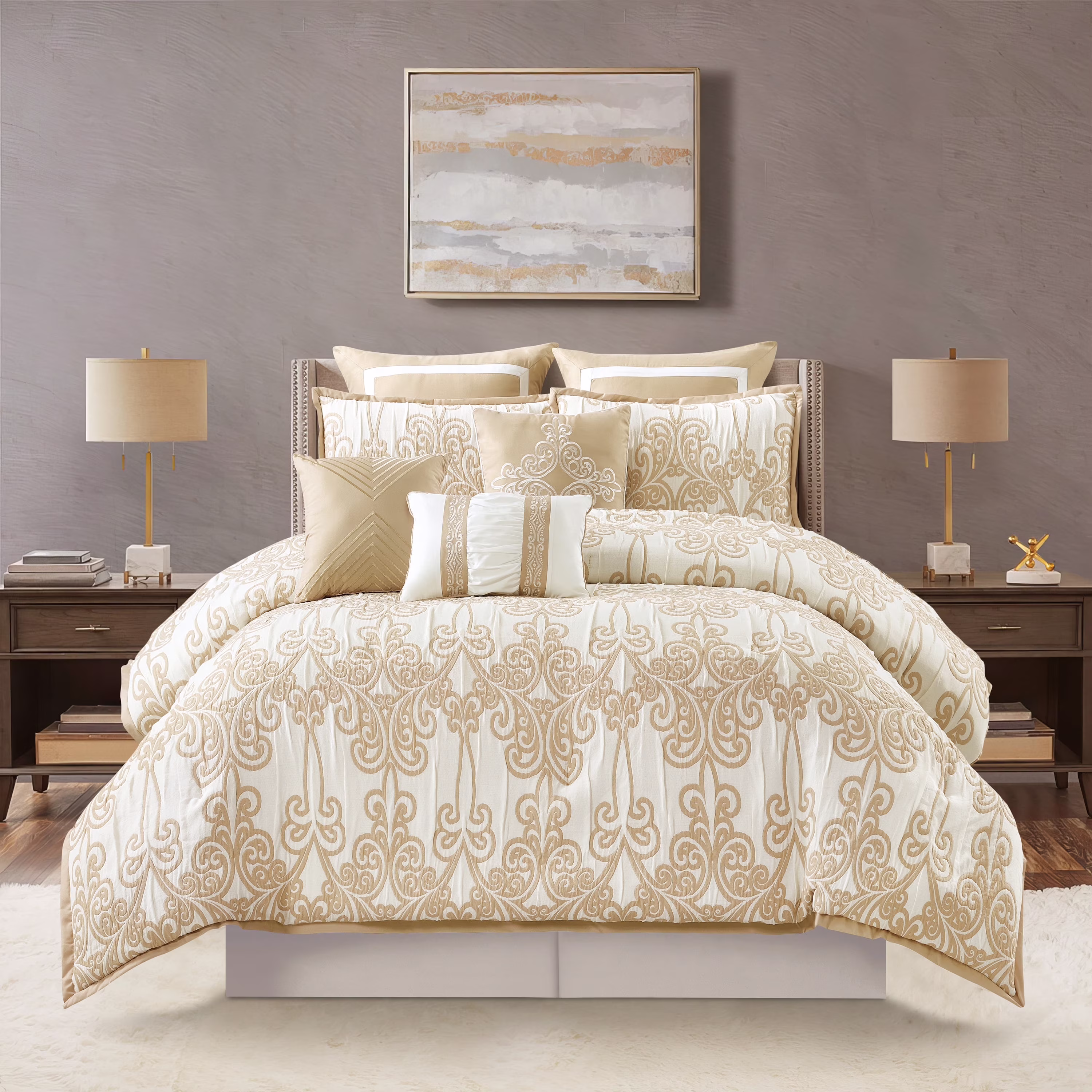 Lanco Smoke Grey Comforter Set California King Size, 9 Piece Jacquard Floral Bedding Set, All Season, Ultra-Soft, Matching Pillows & Shams, Bed Skirt - Image 12