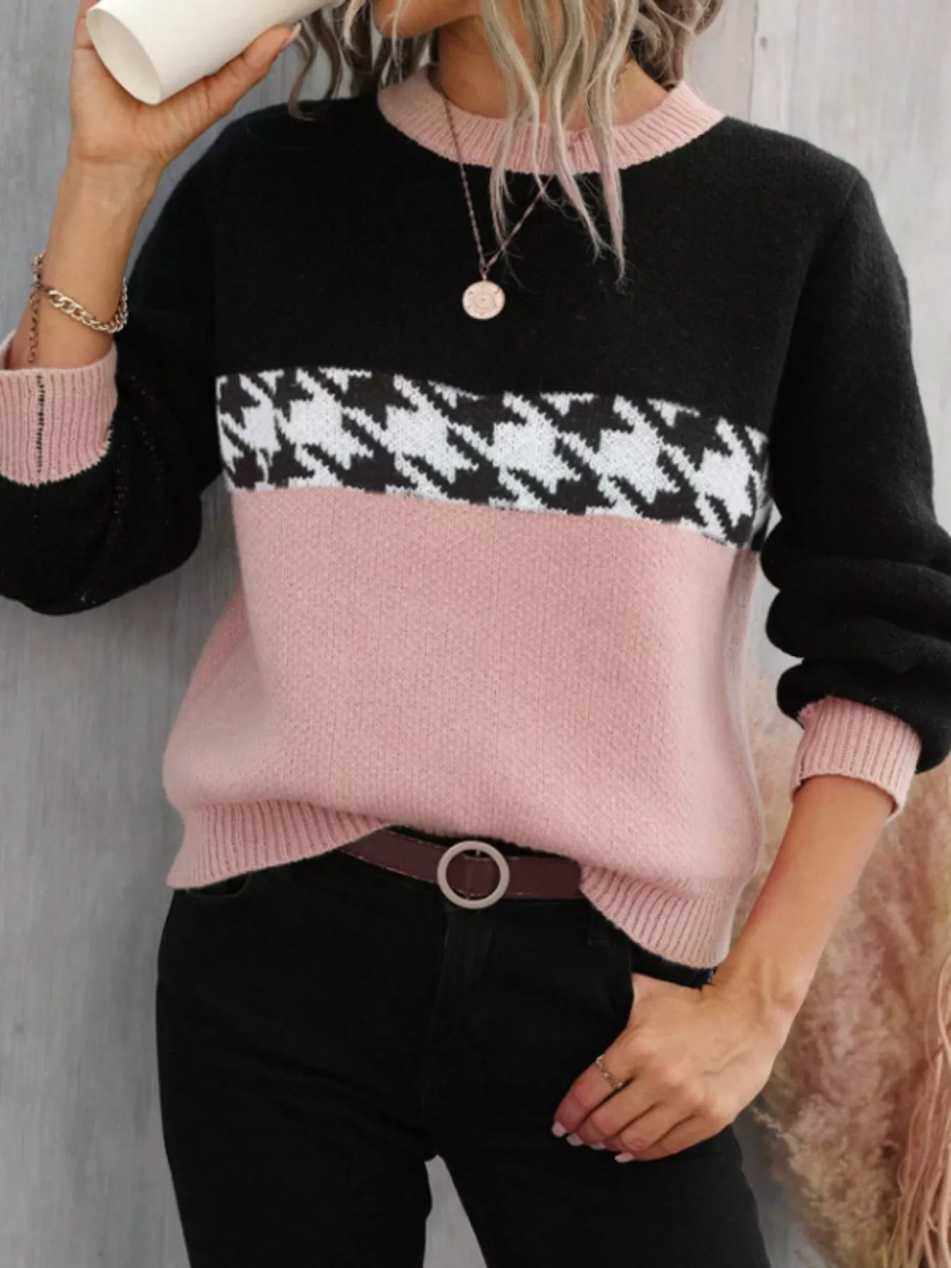 Color Block Houndstooth Sweater - ZKZOOK