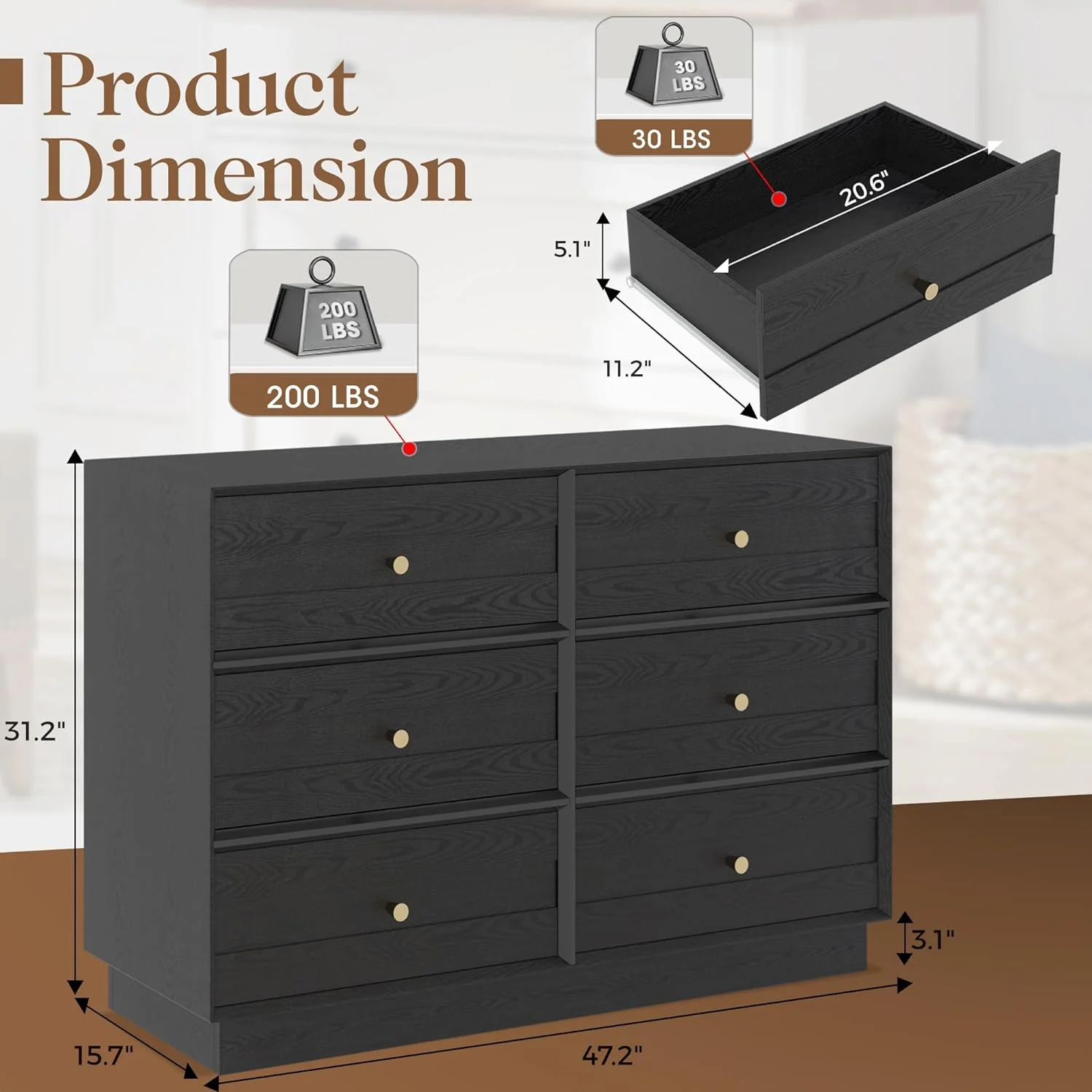 Heynemo Beige 6 Drawer Dresser, Fluted Modern Wood Chest - Image 35