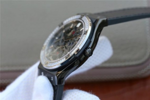 Replica Hublot Classic Fusion Tourbillon 42mm TF SS PVD Diamonds Bezel Skeleton Dial Gummy Strap A23J - Top club