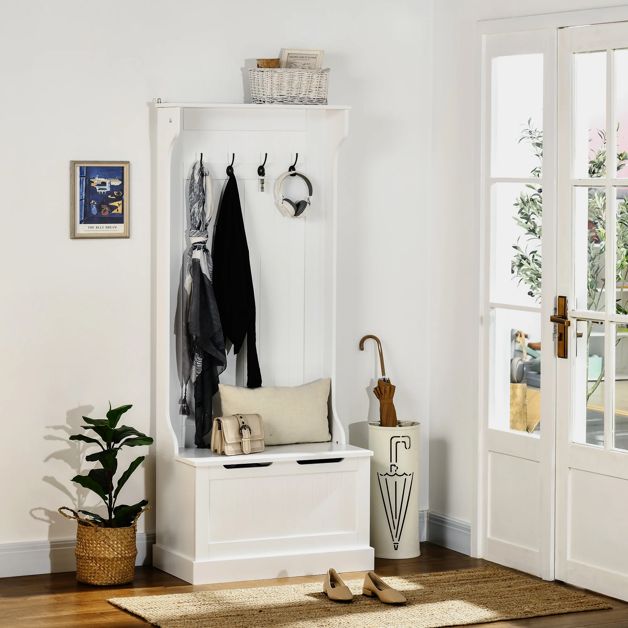 HOMCOM Hall Tree with Coat Rack, Storage and Sitting Bench, White