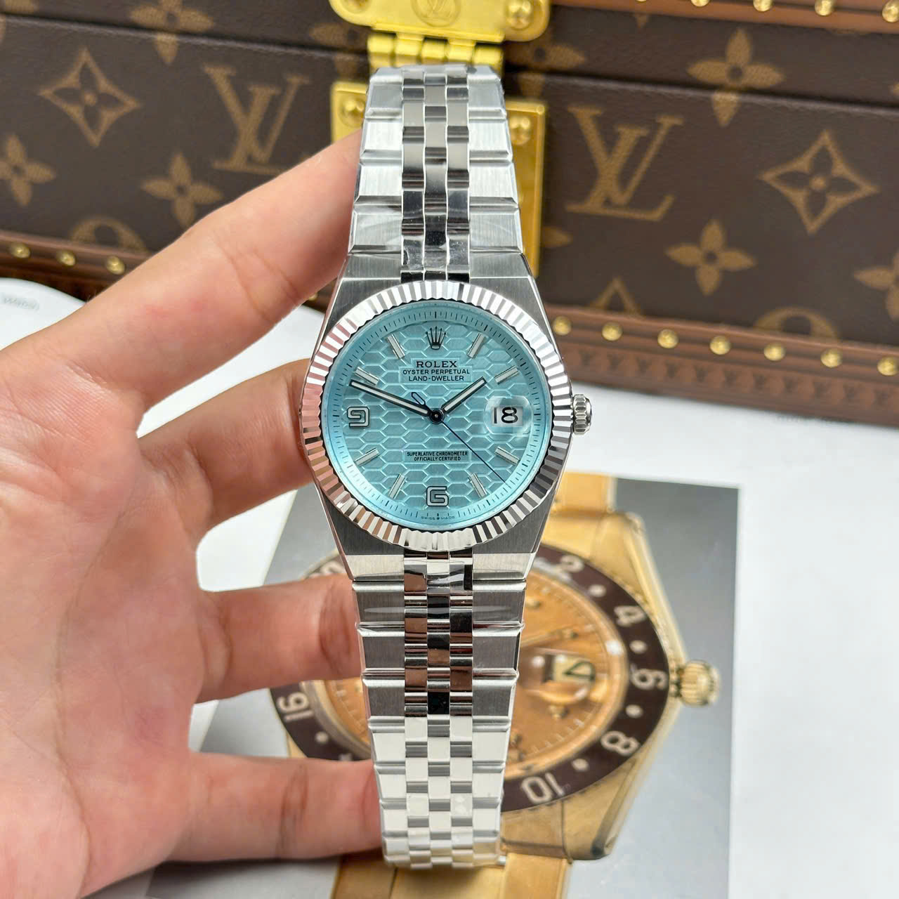 Rolex Land-Dweller 127336 Ice Blue   Honeycomb Motif Dial Best Fake Watches 40mm - Elite Watch Atelier