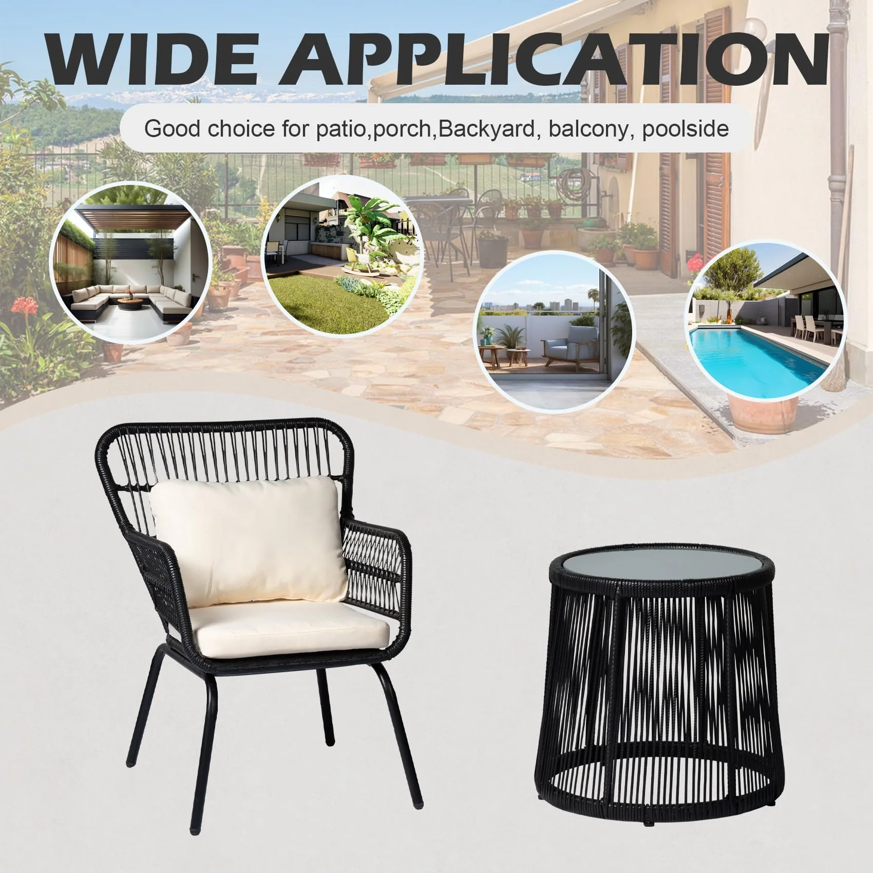 Tappio 3-Piece Patio Conversation Bistro Set Rattan Furniture, Outdoor Patio Set w/Glass Top Table & Cushions for Garden Balcony Backyard Poolside, Yellow/Beige - Image 25
