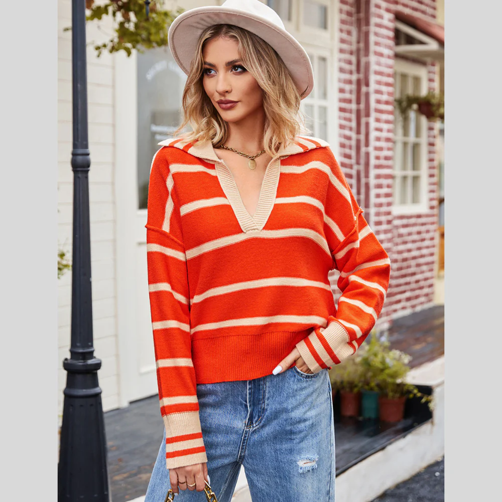 Striped Johnny Collar Sweater - ZKZOOK