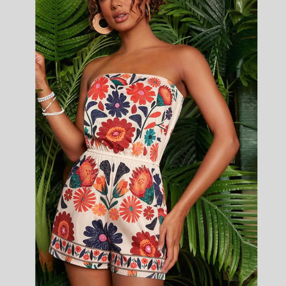 Floral Print Strapless Elastic Waist Romper - ZKZOOK